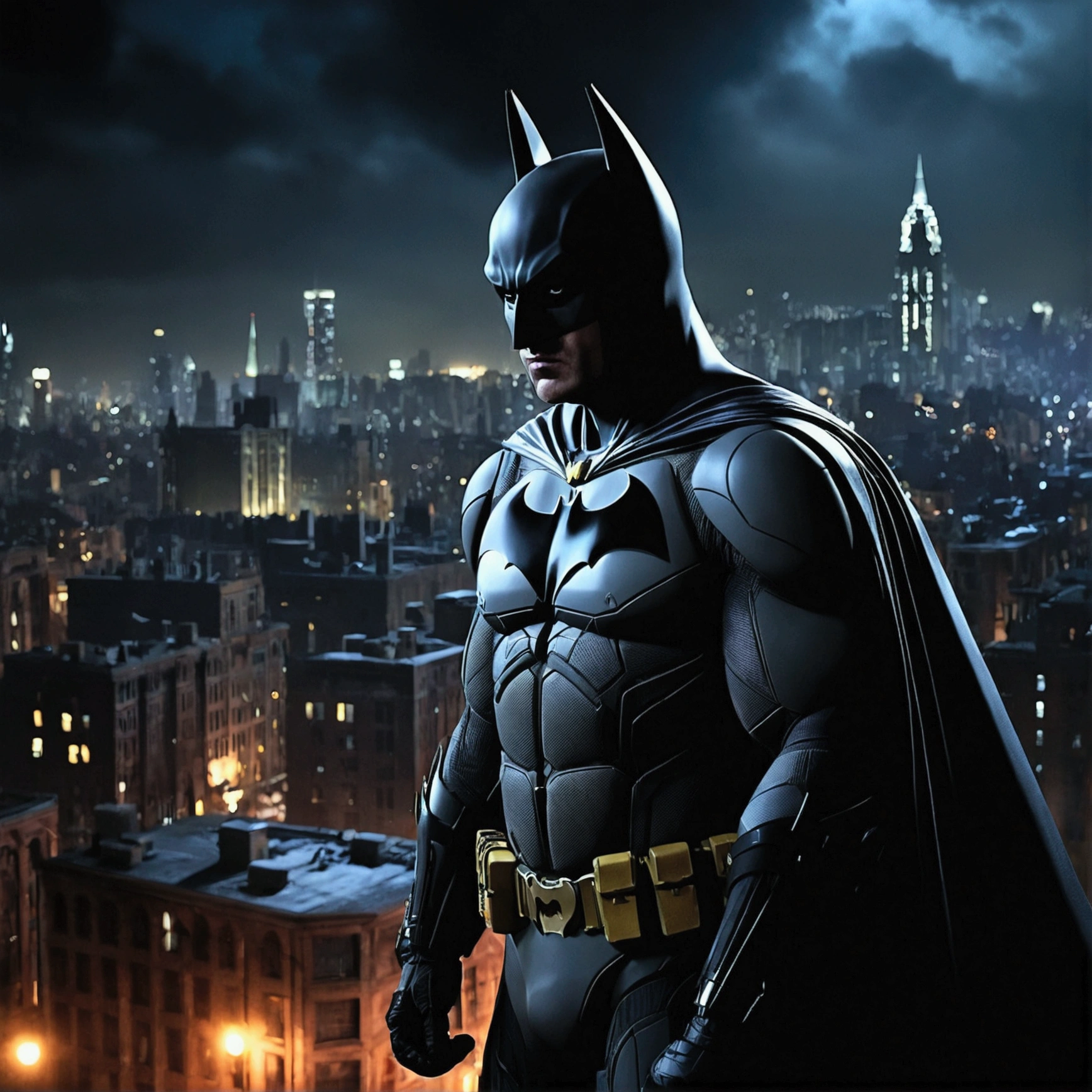 Batman, Gotham city at night, Christopher Nolan style, drama and lifesaving, in dynamic, atmosphere of darkness and horror, dramatic light, highly detailed, packed with hidden details, hyper realistic, uhd image, realism, colorful realism, UHD, 8K