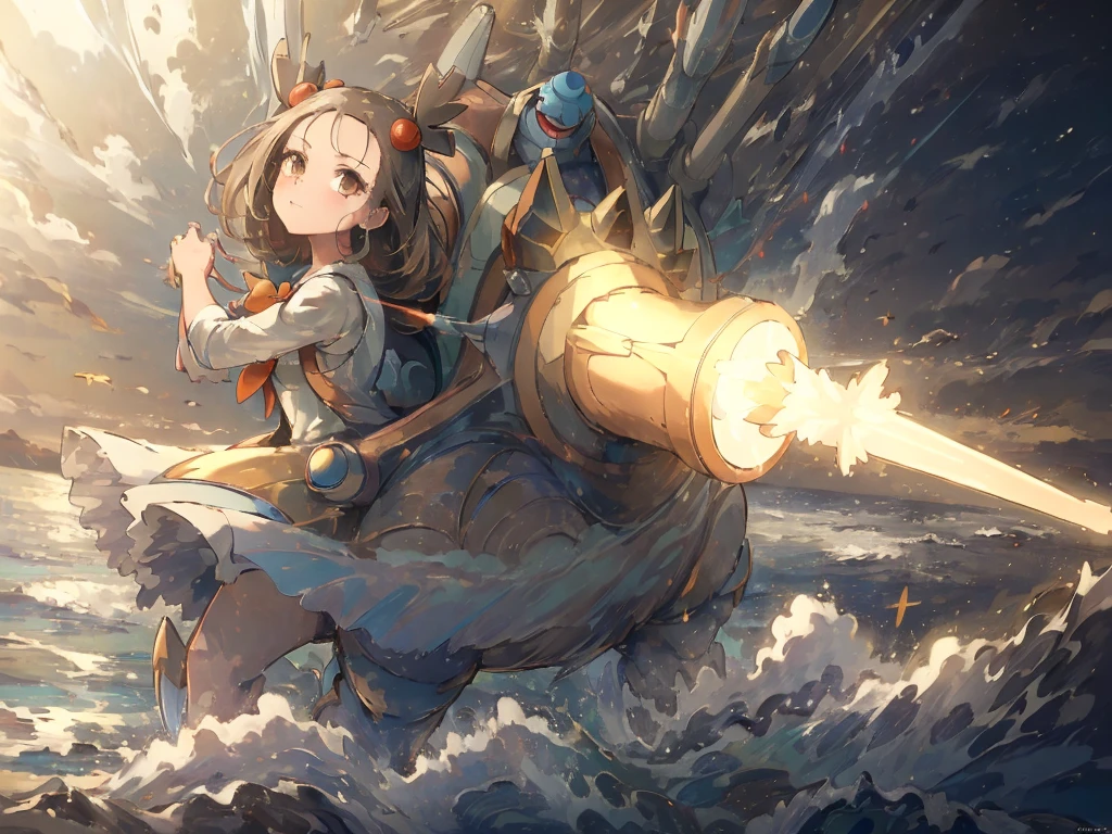 (masterpiece, Highest quality:1.2), Very detailed,Bright colors, 4K,Break 1 Girl,jasmine \(Pokemon\), Princess Dress, White jacket, Round orange ribbon, Brown eyes,(Water cannons:1.1), Pokemon, blastoise