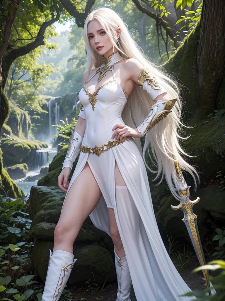 Long white hair, cate features, white skin, Fantasy world. Adventurer style with armor on the shoulder and arms (ruby). Ideal slim and delicate body in the form of an hourglass figure. In the forest. Armor on the shoulders and a magical cool sword on the hilt. High summer fantasy boots with rubies with stocking. Clothes are visible from head to toe. adventurous knee length dress.