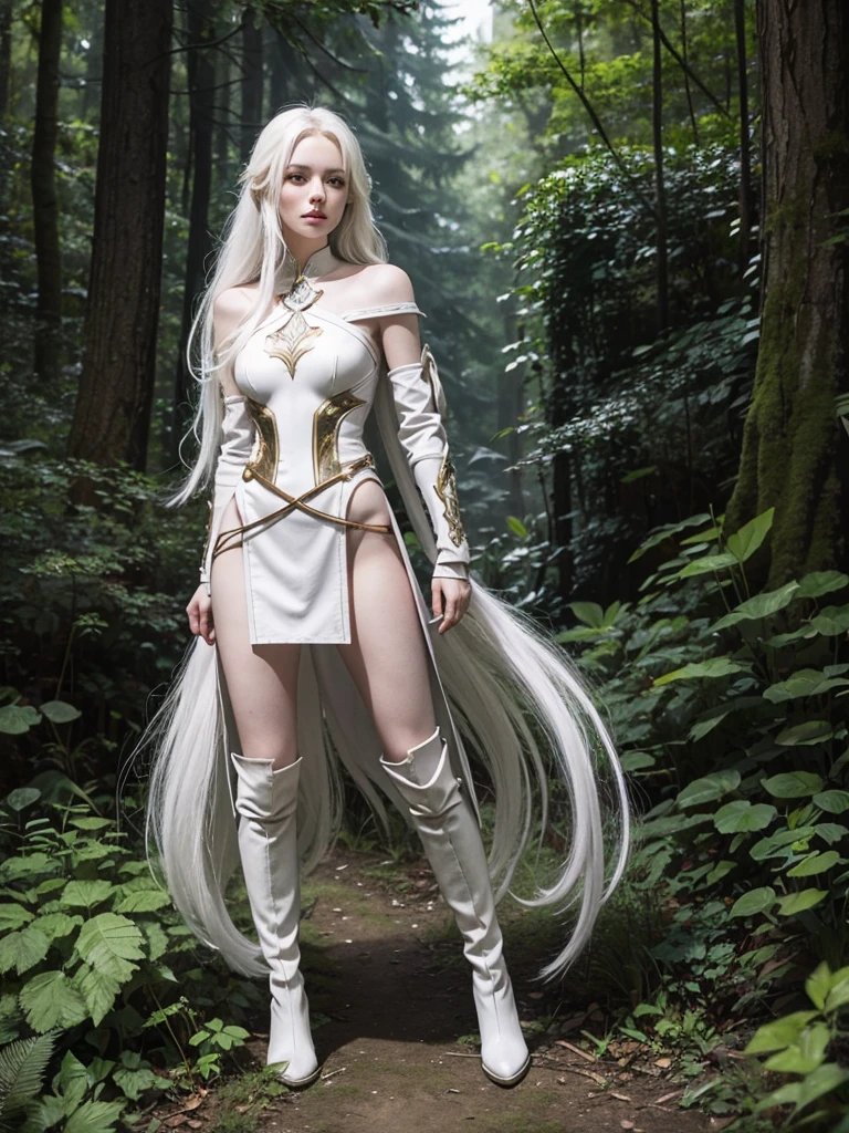 Long white hair, cate features, white skin, Fantasy world. Adventurer style with armor on the shoulder and arms (ruby). Ideal slim and delicate body in the form of an hourglass figure. In the forest. Armor on the shoulders and a magical cool sword on the hilt. High summer fantasy boots with rubies with stocking. Clothes are visible from head to toe. adventurous knee length dress.