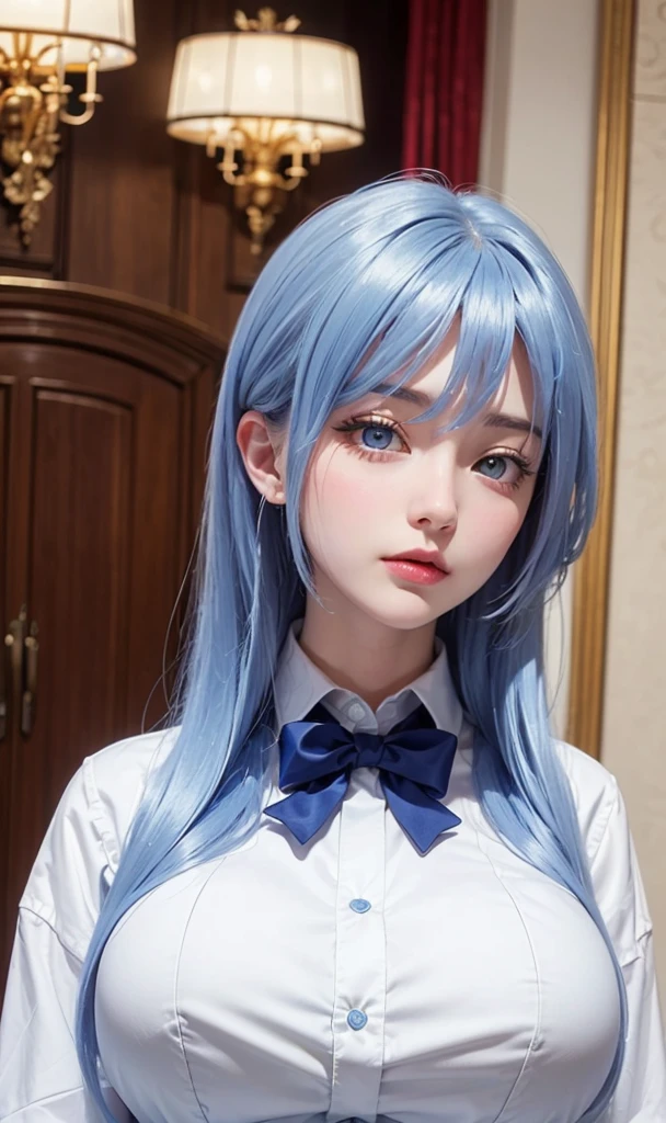 sylpha, long_hair, 1girl, blue_eyes, blue_hair, solo, blush, large_breasts,  vest, white_shirt,, score_9, score_8_up, score_7_up, , ((high resolution 1.9)),((high quality 1.9)),((high detailed 1.9)),((masterpiece)),(perfect lightings)),((very Big breasts 1.9)), very Big breasts, bursting breast, ultra huge breast, ultra detailed, 