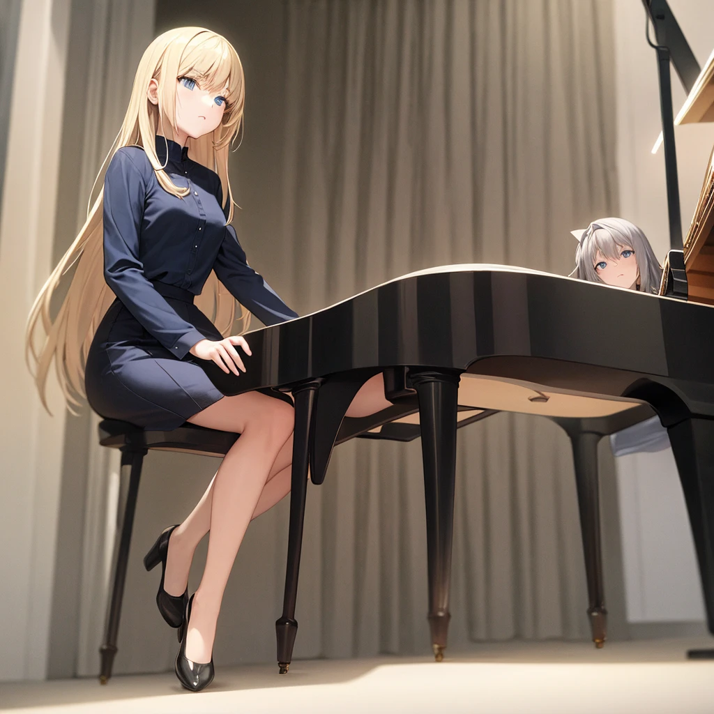 Woman with long blond hair, bangs, blue eyes, white long shirt, black long skirt, flat shoes, playing piano
