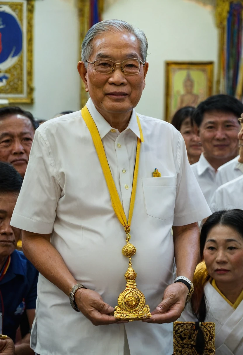 Former President of the United States, 2017-2022, he Show the thai amulet to peaple he wear around his neck, half body shot,(Thai amulets are made from The auspicious substances obtained from various raw materials are combined and formed with a m old to look like a Buddha in a meditation position. The amulet s are small in size and housed in a gold frame for beauty and ease of wearing around the neck. ,Some of them were built a long time ago and are old and cracked like stone )