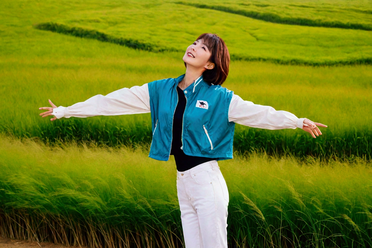 high quality, 1 woman, ((36 years old 건강한 한국 여성)), ((36 years old)), 1 woman, short, The eyes are big and beautiful. ((slim)), ((short medium hair)), laugh. pose: standing, luxury brand windbreaker jacket, white casual pants, background: 1 woman, California, pasture, Cow, grass, Upper body shot with 35-70 lens, Look up to the side, white casual pants