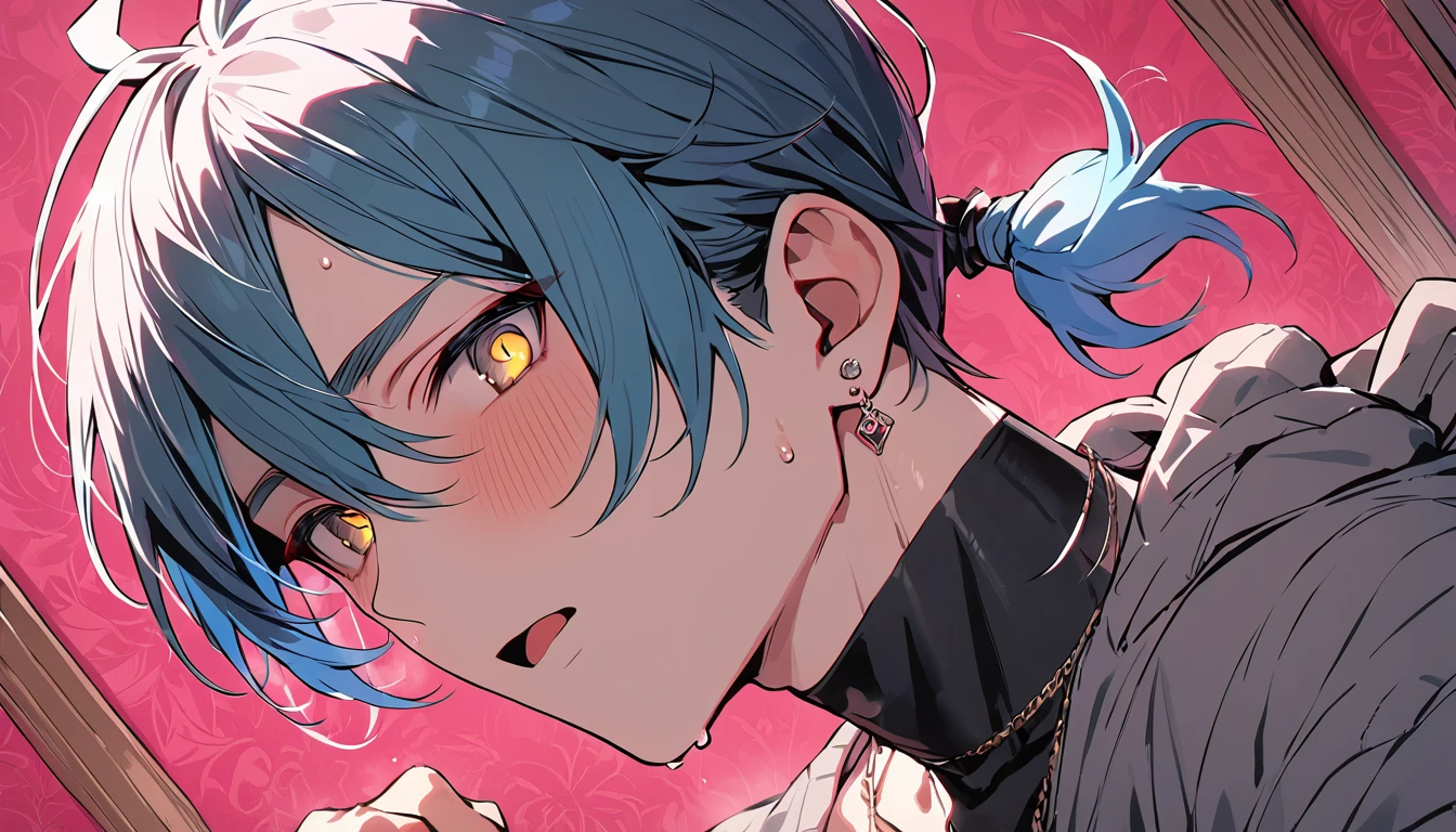((((best masterpiece, best quality, wallpaper,)))) solo, guy, male body, small muscles, flat chest, 1male, 30 years old, handsome man, dramatic angle, upper body, looking at viewers, beautiful detailed, mediumturquoise hair, ((((Lower short ponytail)))), asymmetrical bangs, ((short hair,)) blush stickers, sweat, (((perfect face, extremely detailed eyes,))) ((( jitome, gold eyes, ^o^, tareme, droopy eyes,))) perfect hands, sharp nose, clear face, black turtleneck, grey cardigan, ((silver piercing, pendant,)) leggings, pink background color ultrasharp, 8K, masterpiece,