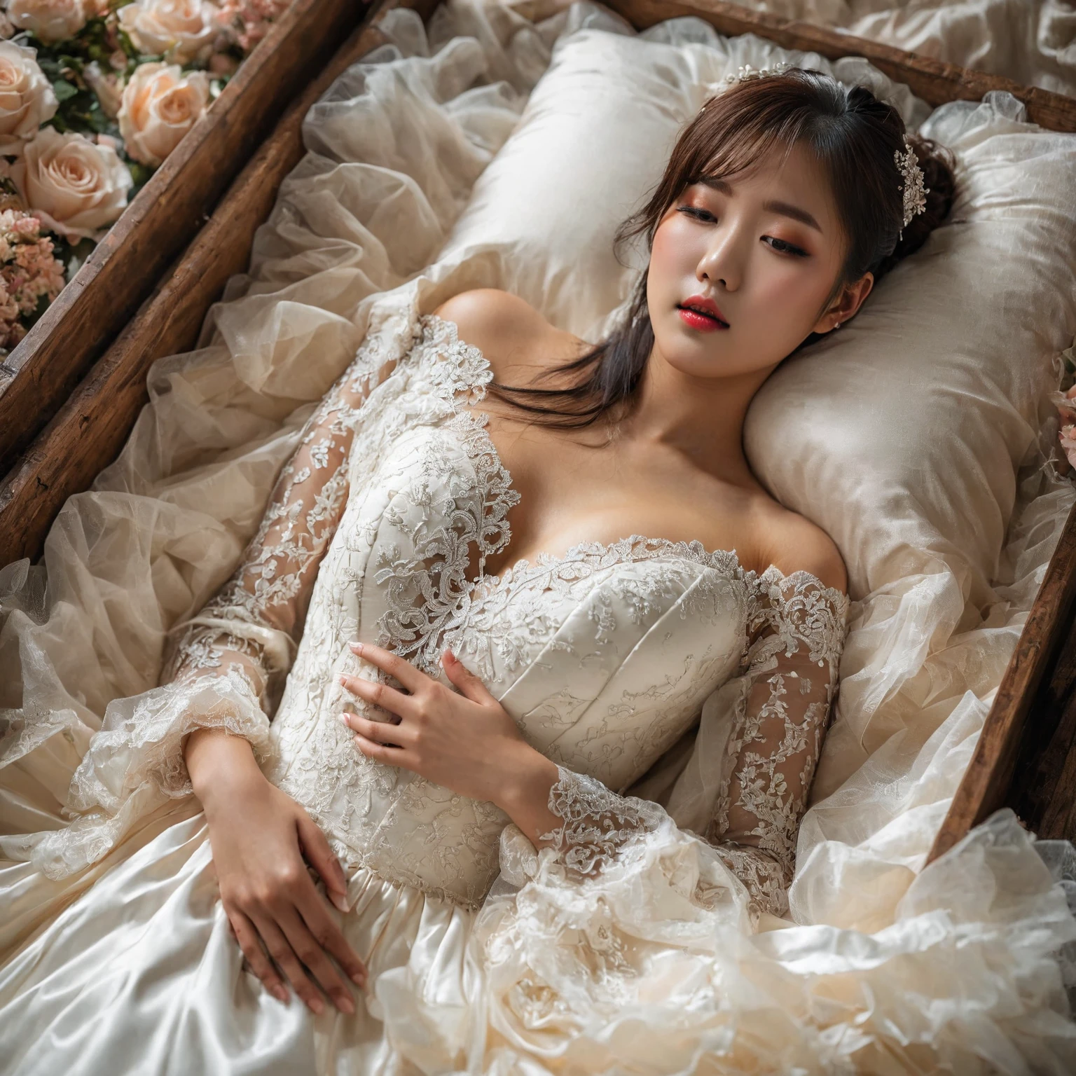 A provocative and sensual image unfolds before us. Two Korean girls, 22 years old, lie asleep in a deep, black coffin surrounded by plush pillows. They wear see-through wedding dresses with lace details, off-shoulder designs, sleeve, and huge skirts that cascade around their bodies. The dresses are cut low to showcase their beautiful breasts, fixed with a subtle cleavage cutout. Their faces are flawless, with perfect eyebrows, eyelashes, and skin tone. One girl's hair is styled in a ponytail with bangs framing her face, while the other has a bun adorned with wisps of hair framing her closed eyes. The overall atmosphere is one of intimacy and sensuality, with saturated colors enhancing the mood. Note the visible breasts and perfectly manicured hands that peek out from beneath the skirts, which are strategically covered to conceal their legs, ba11g0wn 