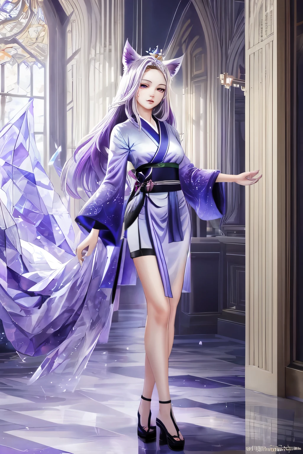 ((best quality)), ((masterpiece)), (detailed), detailed purple eyes, detailed hands, full-body image, humanoid kitsune, wearing a short kimono, crystallized crown, light purple hair, light purple fox ears, 2 translucent crystal foxtails, only 2 translucent crystal foxtails, 1 star shape marking on forehead, delicate and beautiful detailing, detailed hands, well-proportioned detailed purple eyes, well-proportioned hands, well-proportioned face, round detailed purple eyes, beautiful detailed and clear purple eyes, volume smooth and sharp, long flat light purple bangs, fictional art, best photos, best quality, 1 very beautiful and meticulous star shape forehead marking,