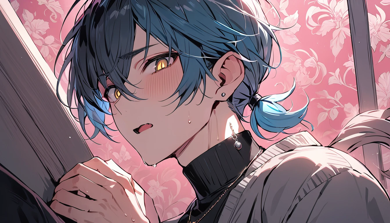 ((((best masterpiece, best quality, wallpaper,)))) solo, guy, male body, small muscles, flat chest, 1male, 30 years old, handsome man, dramatic angle, upper body, looking at viewers, beautiful detailed, mediumturquoise hair, ((((Lower short ponytail)))), asymmetrical bangs, ((short hair,)) blush stickers, sweat, (((perfect face, extremely detailed eyes,))) ((( jitome, gold eyes, ^o^, tareme, droopy eyes,))) perfect hands, sharp nose, clear face, black turtleneck, grey cardigan, ((silver piercing, pendant,)) leggings, pink background color ultrasharp, 8K, masterpiece,