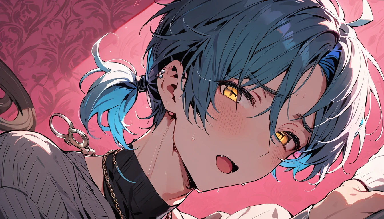 ((((best masterpiece, best quality, wallpaper,)))) solo, guy, male body, small muscles, flat chest, 1male, 30 years old, handsome man, dramatic angle, upper body, looking at viewers, beautiful detailed, mediumturquoise hair, ((((Lower short ponytail)))), asymmetrical bangs, ((short hair,)) blush stickers, sweat, (((perfect face, extremely detailed eyes,))) ((( jitome, gold eyes, ^o^, tareme, droopy eyes,))) perfect hands, sharp nose, clear face, black turtleneck, grey cardigan, ((silver piercing, pendant,)) leggings, pink background color ultrasharp, 8K, masterpiece,