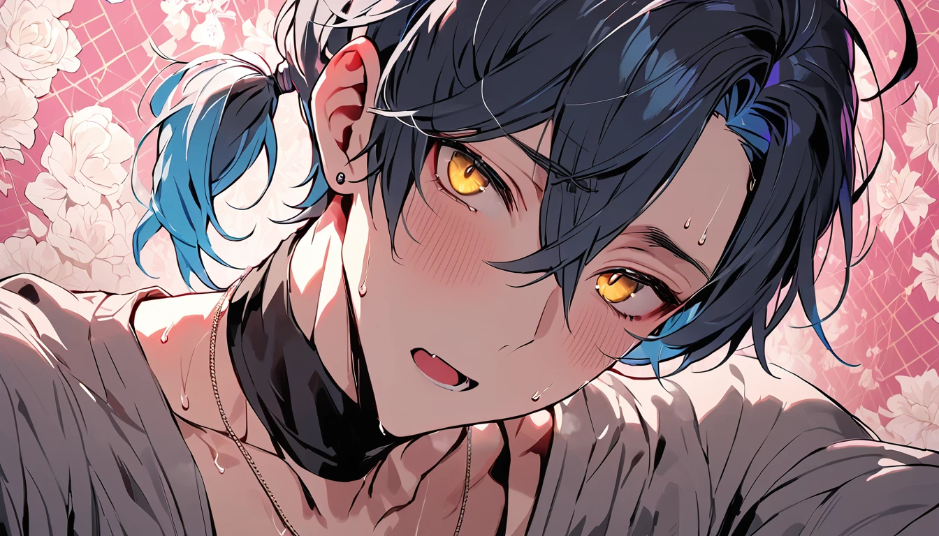 ((((best masterpiece, best quality, wallpaper,)))) solo, guy, male body, small muscles, flat chest, 1male, 30 years old, handsome man, dramatic angle, upper body, looking at viewers, beautiful detailed, mediumturquoise hair, ((((Lower short ponytail)))), asymmetrical bangs, ((short hair,)) blush stickers, sweat, (((perfect face, extremely detailed eyes,))) ((( jitome, gold eyes, ^o^, tareme, droopy eyes,))) perfect hands, sharp nose, clear face, black turtleneck, grey cardigan, ((silver piercing, pendant,)) leggings, pink background color ultrasharp, 8K, masterpiece,
