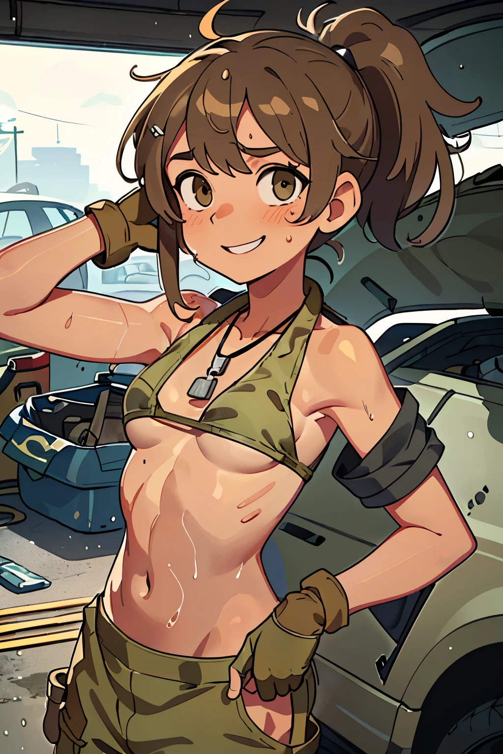 best quality, masterpiece, 1 mechanic girl, smiling, (wearing bikini-top, khaki cargo pants:1.4), gloves, dog tag necklace, light brown ponytail hair with bangs, (sweating a lot, wet skin:1.3), (in auto repair shop:1.2), (small breast, underboob:1.3)