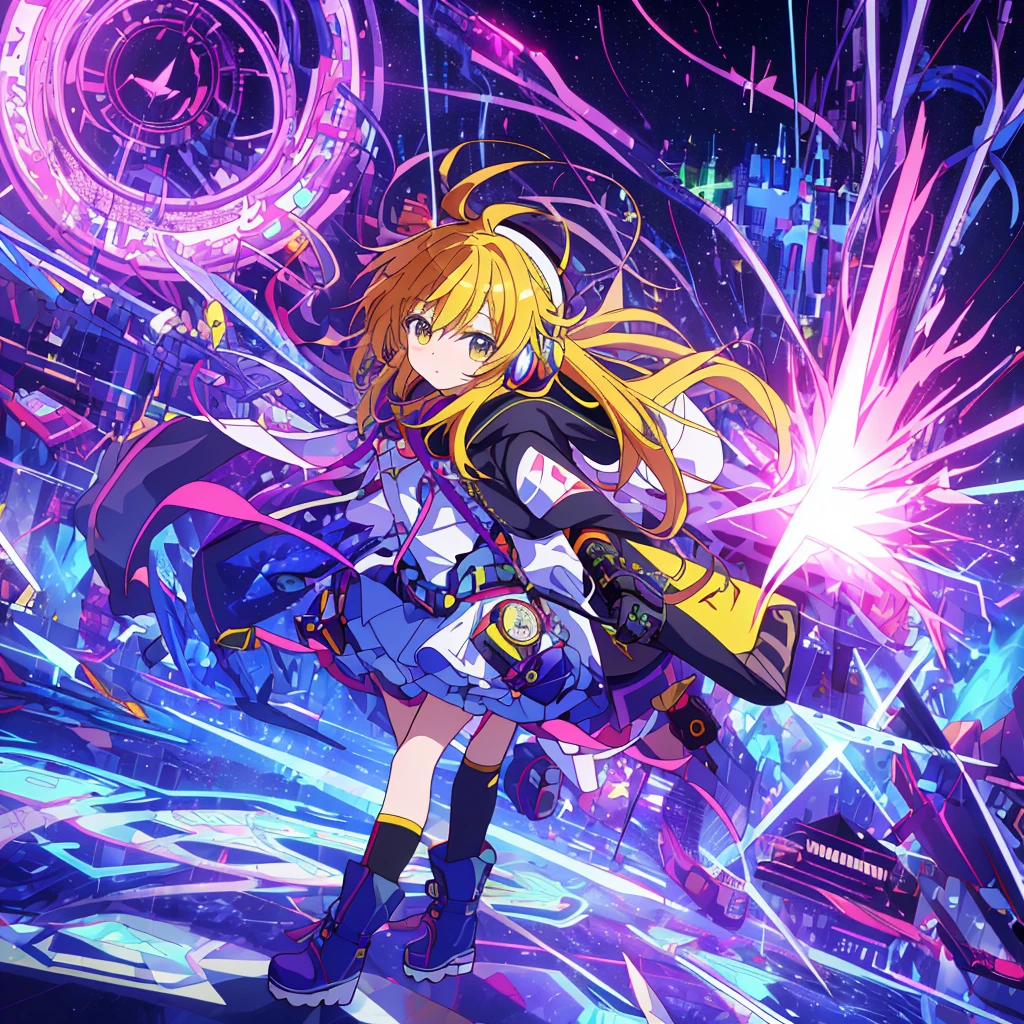 1girl,(((Highest quality、Masterpiece、Official Art、The best dynamic composition、Super detailed)))、Anime Magical Girl、cyber punk、巨大なかわいい💛型の魔法の杖、Cloak with hood、Headphones on head、アイドルの服なのにcyber punk、White long boots、A pouch for holding test tubes on the waist、❤💛、