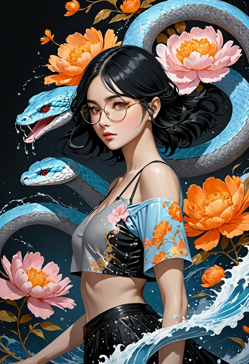 Ink Art, Paint Splatter Style, Liquid glow made of colors, (Grey cropped top, Black Lingerie, Short clothes), (Long black hair), (20 years), (1 girl), with fringes,Fashion Glasses,Gradient Background, Pastel Color Palette, Pink-Blue, Silver, red, orange, Light, Grey gold, peony, Craftsmanship, Colored water droplets, Wave, Very detailed and complex, Unreal Engine, wonderful, Intricate details, splash screen, Complementary Color, Fantasy, Concept Art, 8k resolution, masterpiece, Painting, Strong Attack, Fantasy art, Concept Art, Complex pose, snake