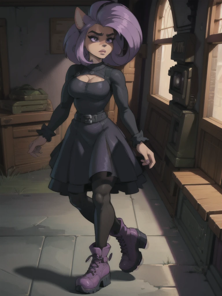 a dark anthro bandicoot girl,detailed facial features,beautiful detailed eyes,beautiful detailed lips,extremely ,purple hair,dark dress,dark skirt,dark tights,combat boots,dark and moody atmosphere,dramatic lighting,cinematic camera angle,fantasy,digital art,hyper detailed,octane render,highly detailed,vibrant colors,masterpiece,anthro bandicoot girl