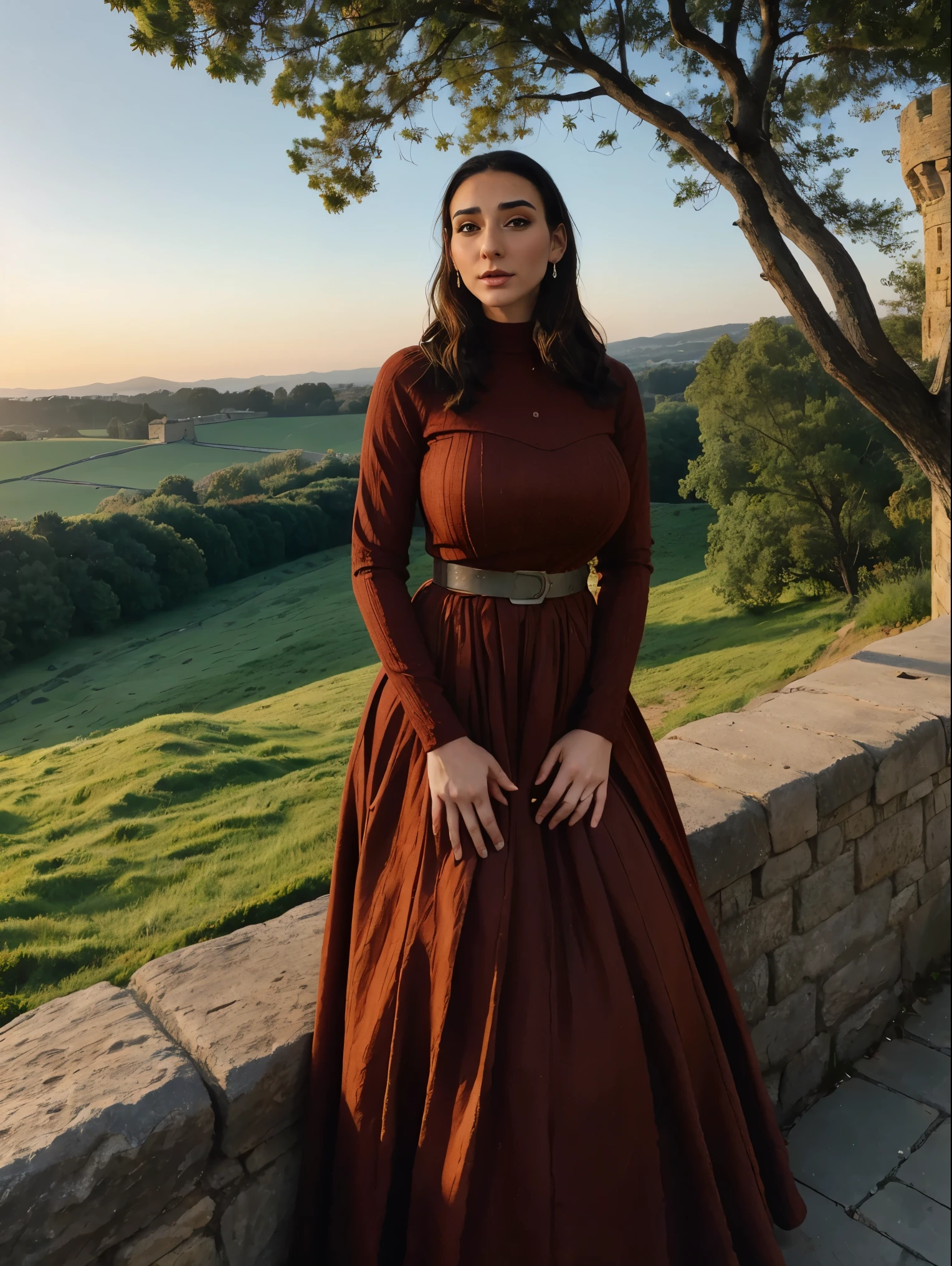 Gorgeous and sultry busty athletic (thin) brunette queen with sharp facial features wearing a modest updo, dark red medieval dress, long sleeves, intricate patterns, scrollwork, wide neck, crown, veil, long dress, modest dress, tight bodice, silver belt, (waist chain), medieval jewelry, Middle Ages, castle, rampart, wall, exterior, on top of a castle wall, trees, countryside, evening, sunset. large breasts.