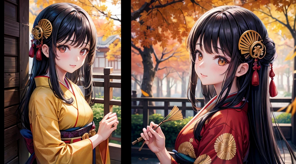 One girl, Long black hair, Brown eyes, Wearing a beautiful Japanese kimono, Gingko tree, Traditional buildings, High resolution, Super sharp, 8k, masterpiece, View your viewers