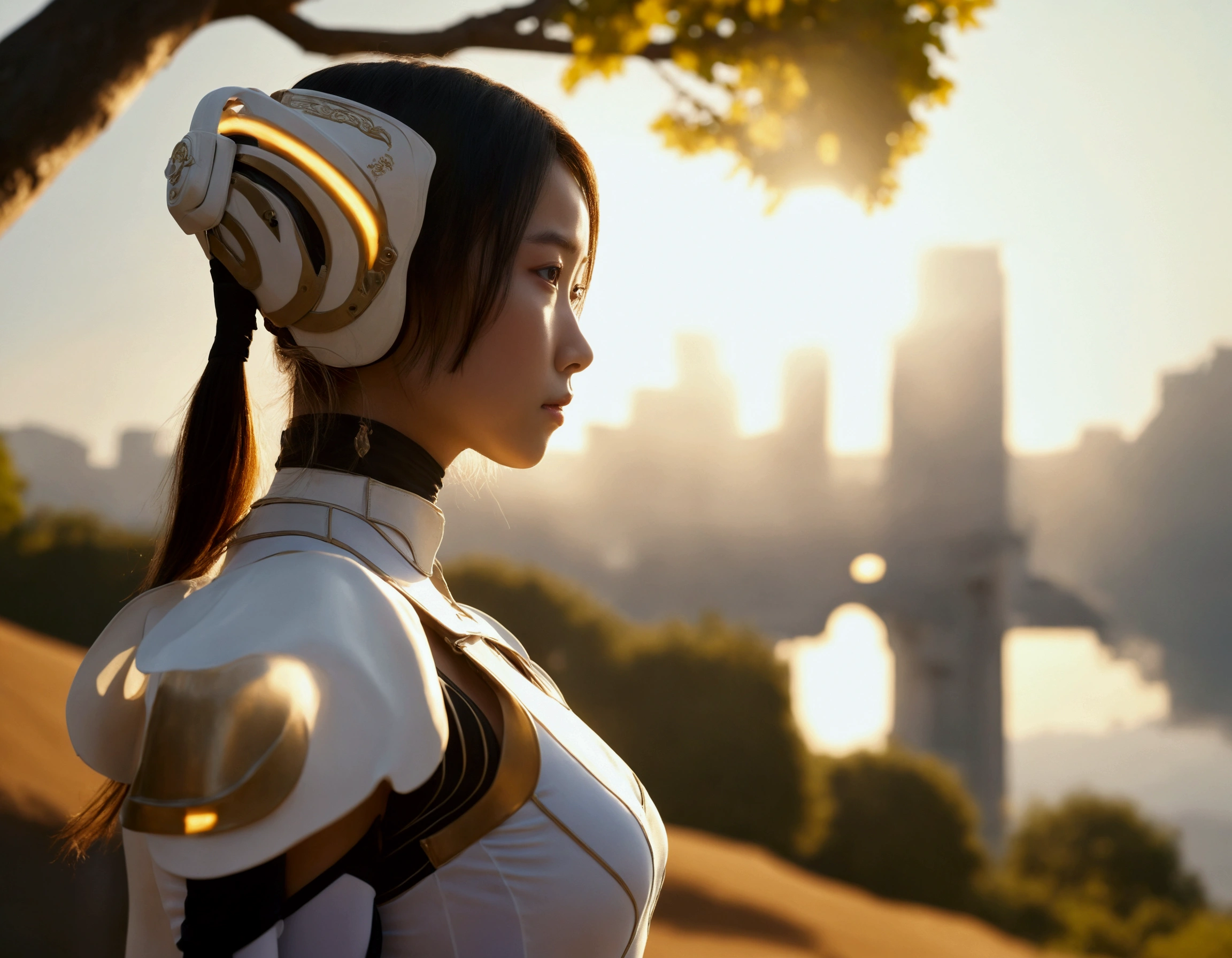 Masterpiece,High-quality 4K,Perfect Face,Perfect body。In the bright early summer afternoon sunshine、A 20-year-old female hybrid machine in a halter neck, leotard and knee-high boots looks forward with hope to the future。A realistic live-action Hollywood drama。