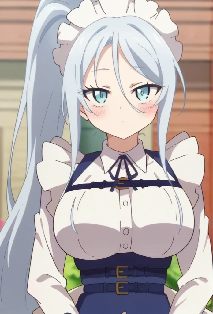 sylpha, long_hair, 1girl, blue_eyes, blue_hair, solo, blush, large_breasts, ponytail   , maid_headdress, maid, apron, upper body, looking at viewer, score_9, score_8_up, score_7_up, , anime coloring ,BREAK source_anime, anime