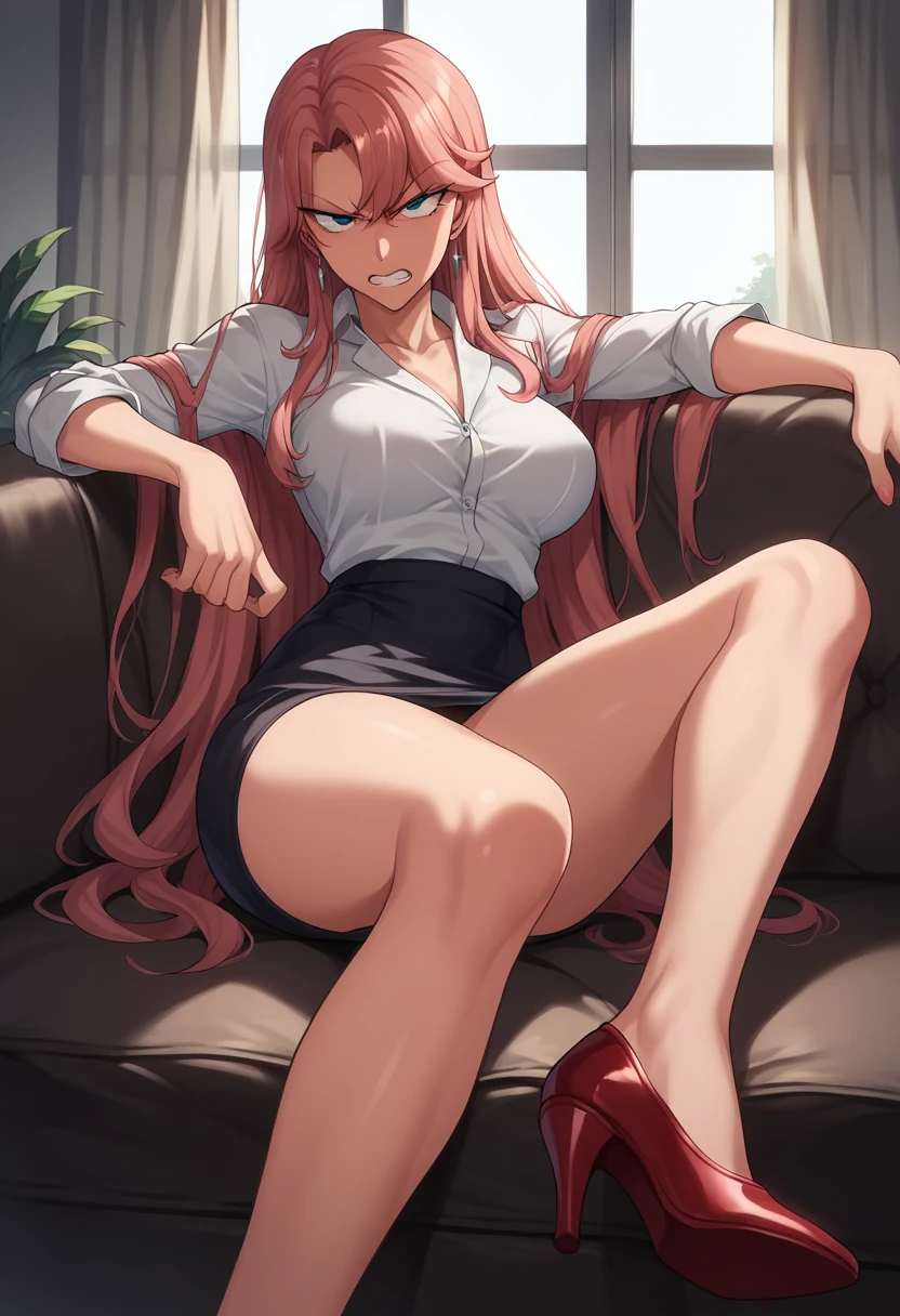 Reika Kurashiki \(Saimin Seishidou\), Reika Kurashiki from Saimin Seishidou, angry expression, siting on couch, in personal office, sunset lightning, (((wearing red pencil skirt with red office shirt with white undershirt with red high heels and stockings))), ((extremely big breasts, extremely wide hips, extremely big ass)),