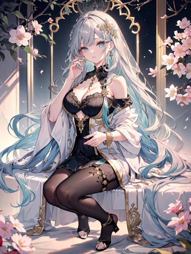 8k,High resolution RAW color art, animation,Sculpture, Silver Marble Skin, (((Highly detailed elegant))), Magical atmosphere, Detailed skin, texture,(Exquisitely crafted, The finer details, Ultra-detailed art), Depth of written boundary, Silky Touch, Hyper Detail, White Background、Beautiful Eyes, Elegant face, Ivory Rose, eye shadow、(Highest quality:1.2, High detail, masterpiece:1.2, Best aesthetics), (1 Girl), Beautiful woman, Beautiful attention to detail, Beautiful lip detail, Highly detailed face, Delicate depiction of hair and eyes, Detailed Fashion, Aqua Eye, Earrings, Big Breasts,Full body depiction, ,Focus on the user、Beautiful black off-shoulder top、Beautiful black above the knee skirt、Tights up to the knee、Thighs、Gold decoration, Black nails, Gray Hair, Gold bracelet, Long Straight Hair, Light blue inner hair、Hair、Red cheeks、Looking up、evening、Cherry Blossom、Fluttering clothes