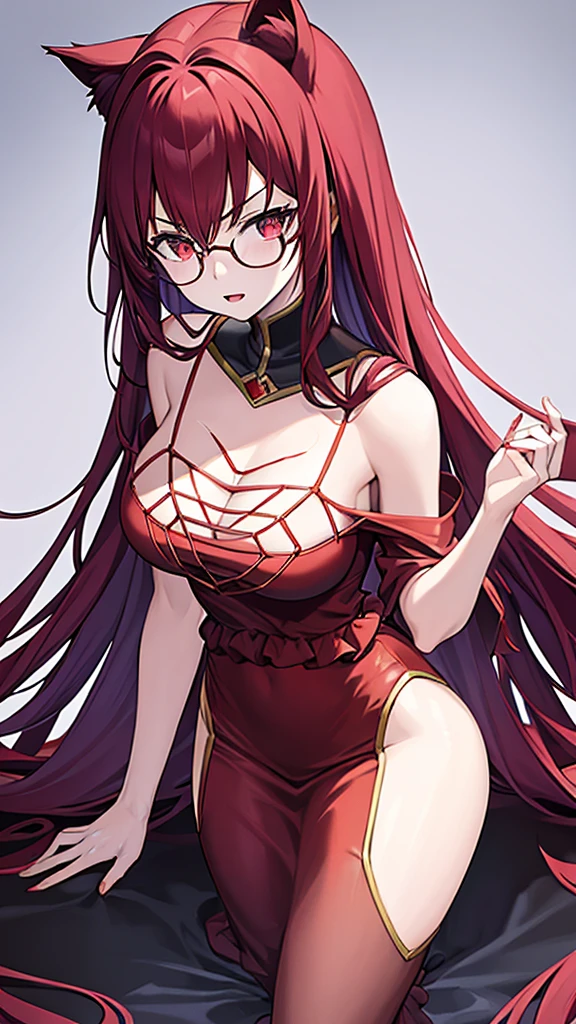 A 20 year old female villain with long dark red hair, red cat eyes, chest with red cat ears, round glasses, black dress,