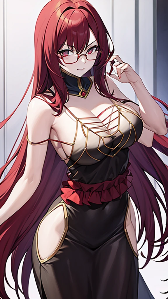 A 20 year old female villain with long dark red hair, red cat eyes, chest with red cat ears, round glasses, black dress,