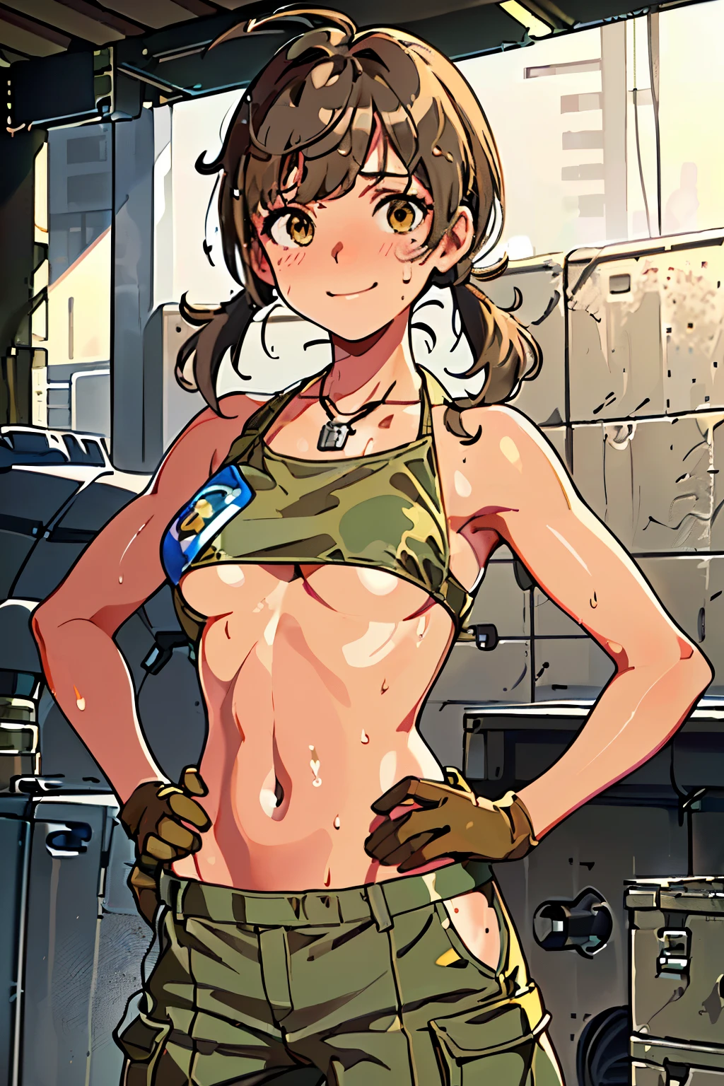 ((topless)), nsfw, masterpiece, 1 girl, erect nipples, intricately detailed, navel, bare shoulders, brown hair, hard hat, construction site, towel on neck, wiping sweat, baggy pants, cargo pants, extremely detailed, bare breasts, puffy nipples, green eyes, bare stomach, sweaty, medium breasts, arm strap, cowboy shot, holding sledgehammer, teen, chain, soft eyes, smiling, day, belt, rubble