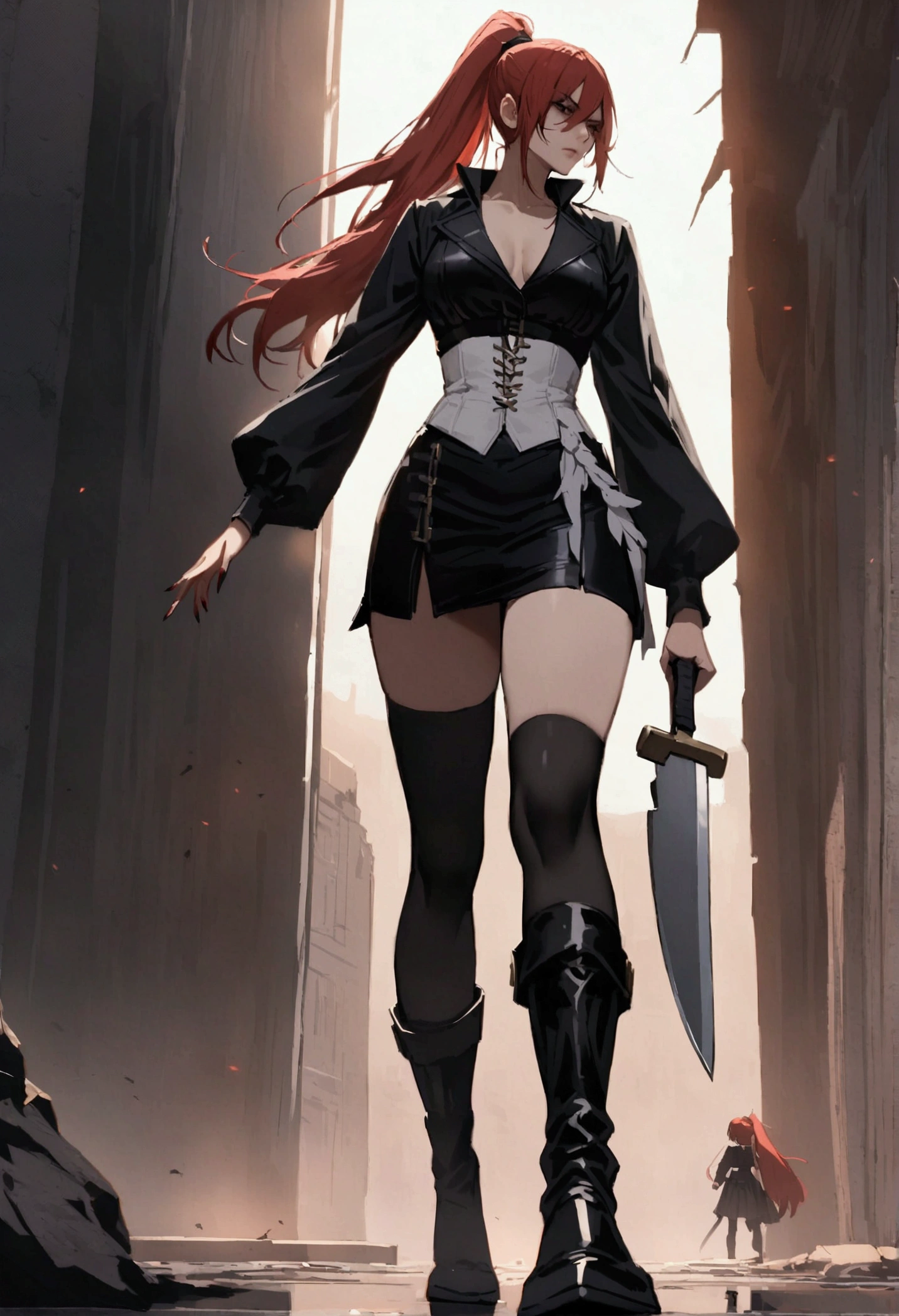 Rogue human woman, with red hair and black streaks, long high ponytail, white corset, black mini skirt, black thigh high boots, black jacket, holding a knife, full body