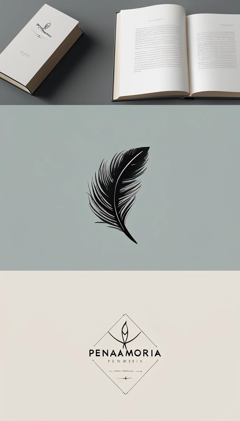 A minimal, modern, simple, cinematic logotype for the brand Penamemoria. The logotype must be a simple Memory Feather. Icon of a unique dreamy feather. The logo must convey a sense of music, stories and dreams. Logo design impressed on a book cover. Minimalistic logo and icon