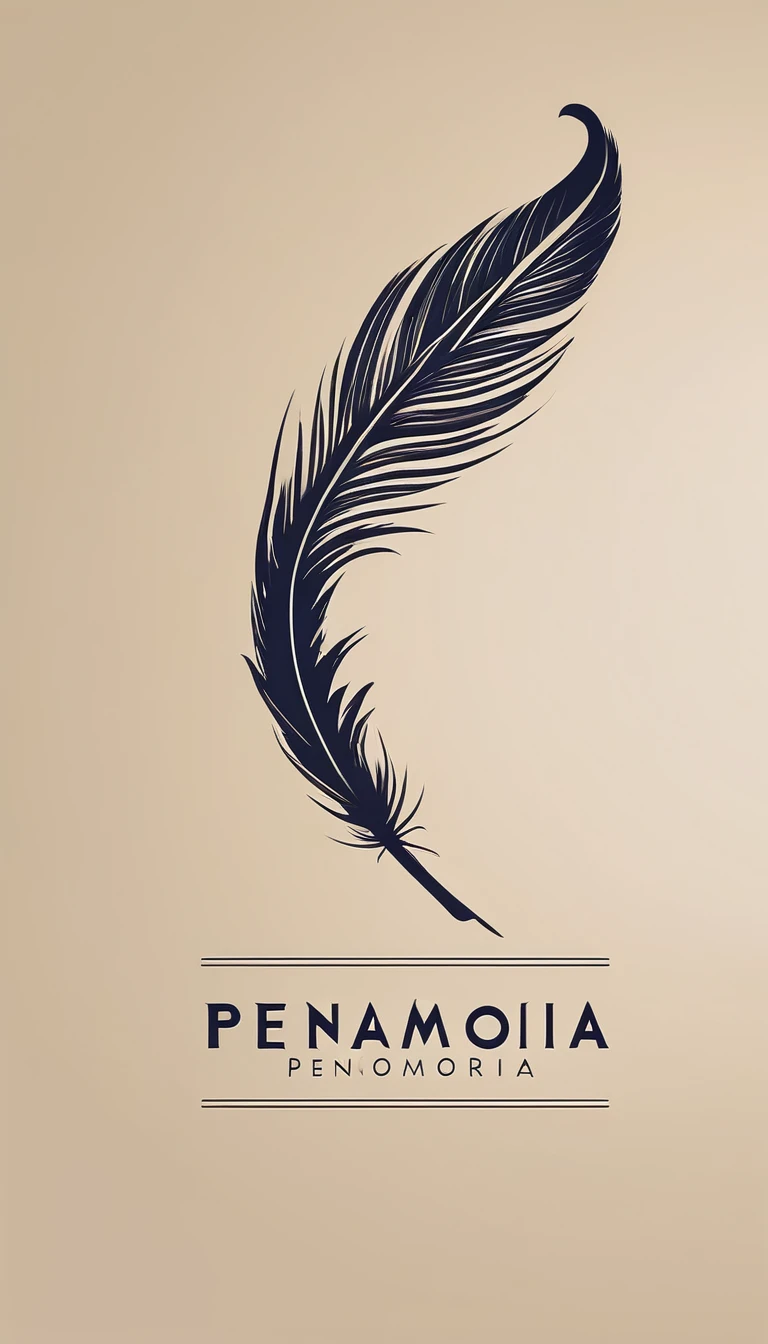 A minimal, modern, simple, cinematic logotype for the brand Penamemoria. The logotype must be a simple Memory Feather. Icon of a unique dreamy feather. The logo must convey a sense of music, stories and dreams. Logo design impressed on a book cover. Minimalistic logo and icon