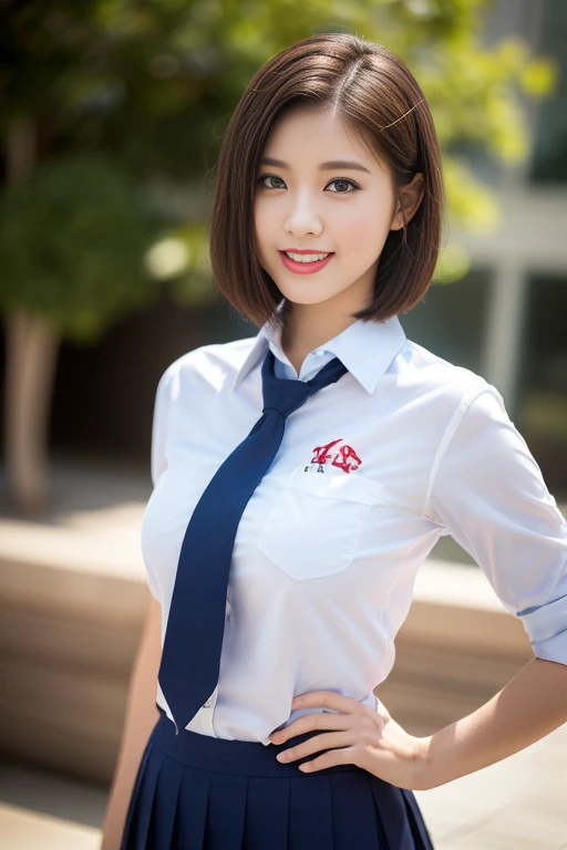 (a beautiful Japanese lady,short bob hair,serafuku uniform,tight collared shirt,ample round boson,slender curvy figure,beautiful detailed eyes,long eyelashes,double eyelids,elongated eyes,friendly smile,short red ribbon tie,pleated skirt,school patio background,hands on hip, the_cowboy_shot, bokeh background (best quality,4k,8k,highres,masterpiece:1.2),ultra-detailed,(realistic,photorealistic,photo-realistic:1.37),HDR,vivid colors,studio lighting)