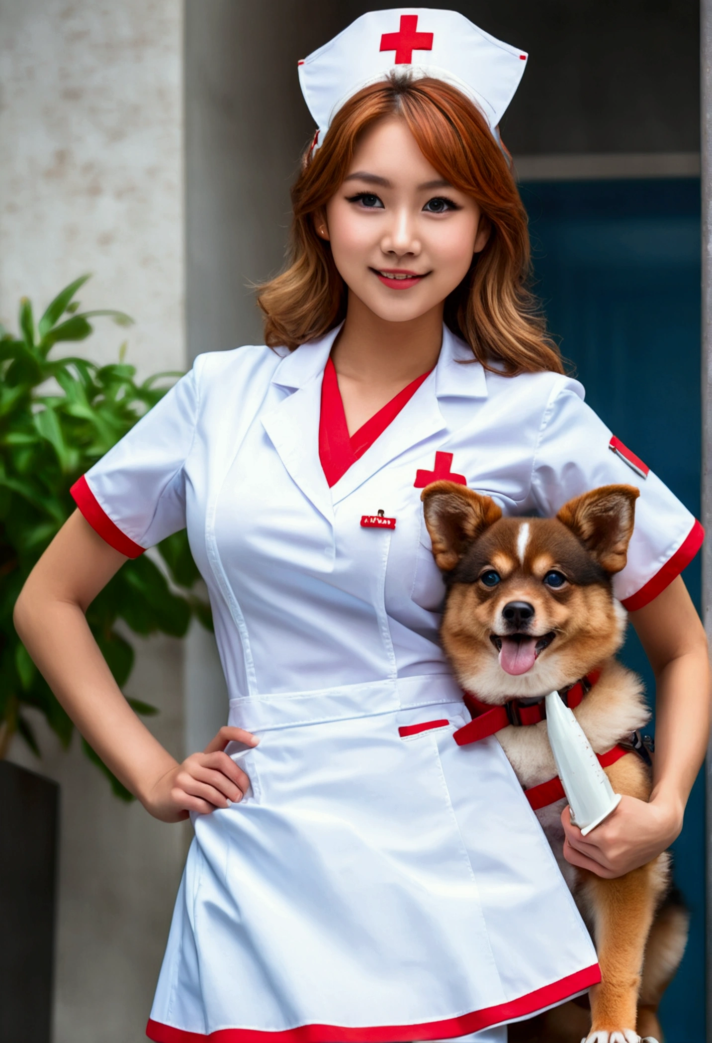 (((((yo, Female dog))))), (((((Sexy shiny nurse uniform))))), masterpiece, (From above), ((((Large Breasts)))), ((((Big Hips)))), ((((((Sexy pose)))))), (Very tanned and shiny skin),  (Skin Dentition), photoRealistic, Realistic, alone, photoRealistic, Highest quality, Ultra-high resolution, Yura S, Outdoor, colorful, Lips parted, Daytime setting, beautiful, masterpiece, Highest quality, Highly detailed face, Perfect lighting, Ultra-high resolution, Super detailed 