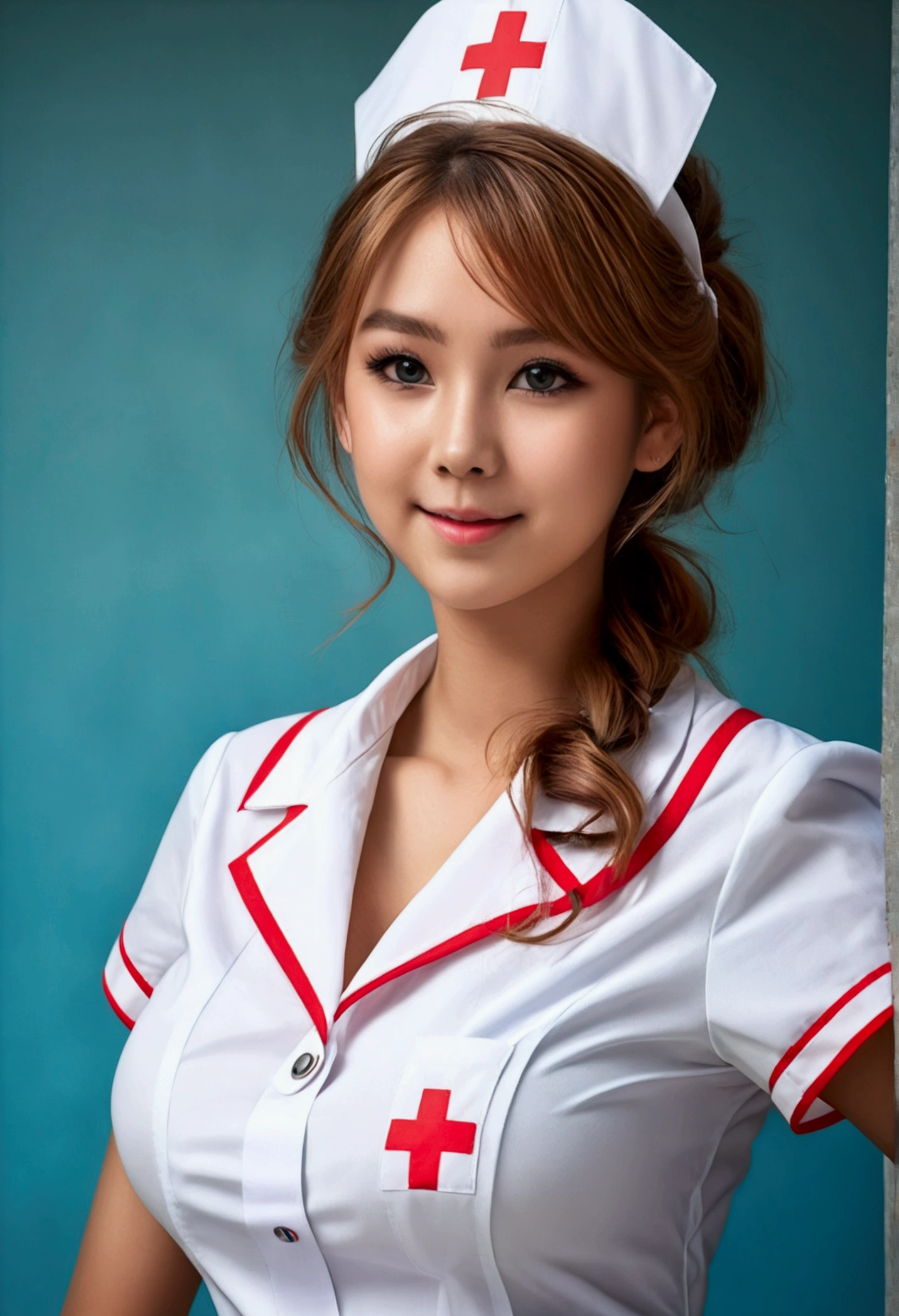 (((((17yo, Female dog))))), (((((Sexy shiny nurse uniform))))), masterpiece, (From above), ((((Large Breasts)))), ((((Big Hips)))), ((((((Sexy pose)))))), (Very tanned and shiny skin),  (Skin Dentition), photoRealistic, Realistic, alone, photoRealistic, Highest quality, Ultra-high resolution, Yura S, Outdoor, colorful, Lips parted, Daytime setting, beautiful, masterpiece, Highest quality, Highly detailed face, Perfect lighting, Ultra-high resolution, Super detailed 