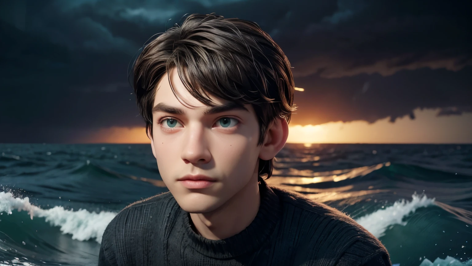 Create a 3D animation image from Pixar, the character is a man with short brown hair, green eyes, light skin, black sweater, jeans and black sneakers. He is on a boat in a storm at sea. Ensure the illustration has a warm and inviting atmosphere, the image is rendered in high definition, capturing the exciting essence of the moment, and the composition exudes cinematic quality, Typography, Concept Art, Photo, Illustration, 3D Rendering, Cinematic , poster, vibrant, portrait photography, that is visually appealing to young people, use vibrant colors.