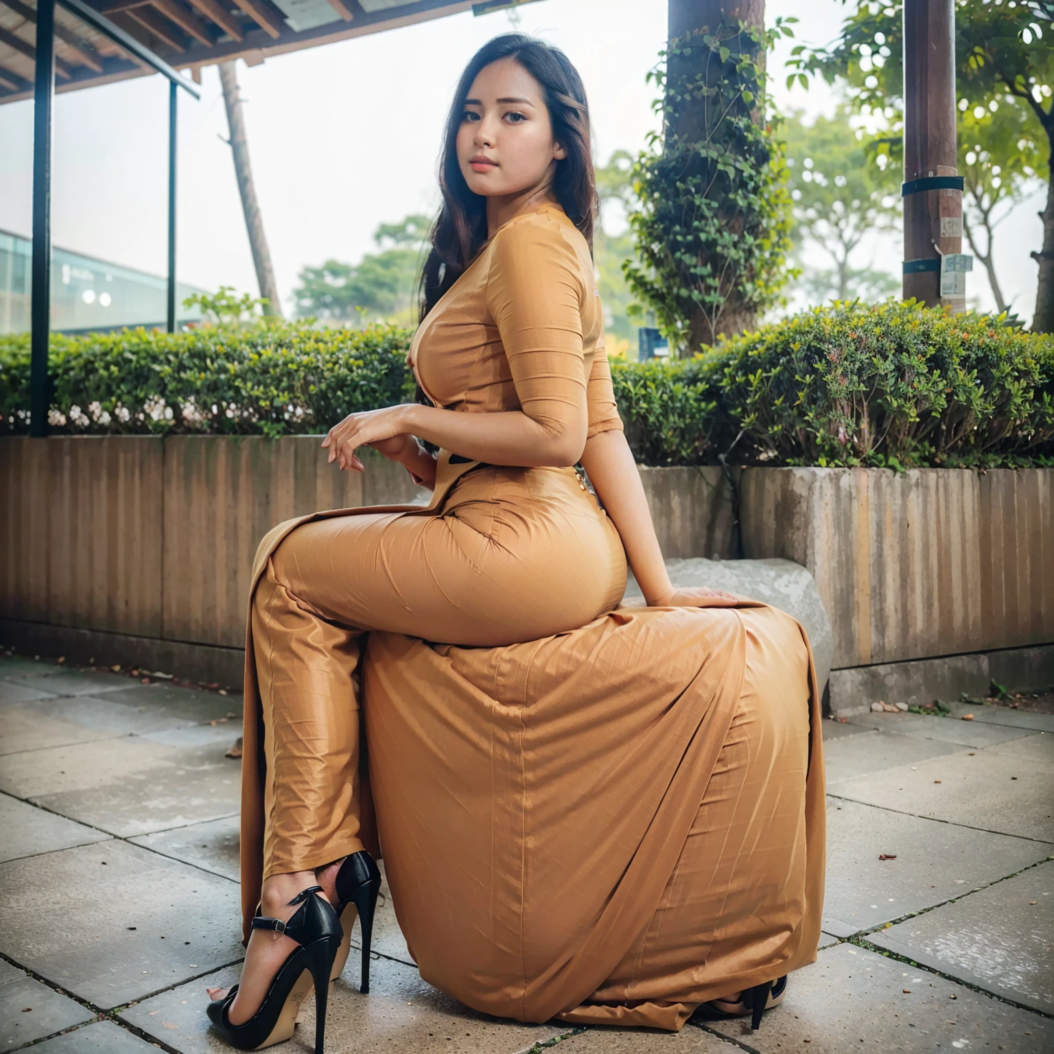 (masterpiece), (best quality), (ultra detailed),(disheveled hair),(illustration), (1girl), (pretty lady MoonLay:1.5), (Fashionable clothing), (full body view:2) ,looking at viewer, (interview), (simple background),beautiful detailed eyes, delicate beautiful face, best lighting, gorgeous lady, attractive beautiful face, wearing myanmar outfit , high heel, (sitting seductively:1.5), hand together in front, standing near the street,long black hair on shoulders, sexy and seductive eyes, high angle shot, beautiful nose, mdeium size breast and buttock, hyperrealistic, Long Green skirt, Perfect Butt, Perfect, Looking Back side , perfect anatomy,