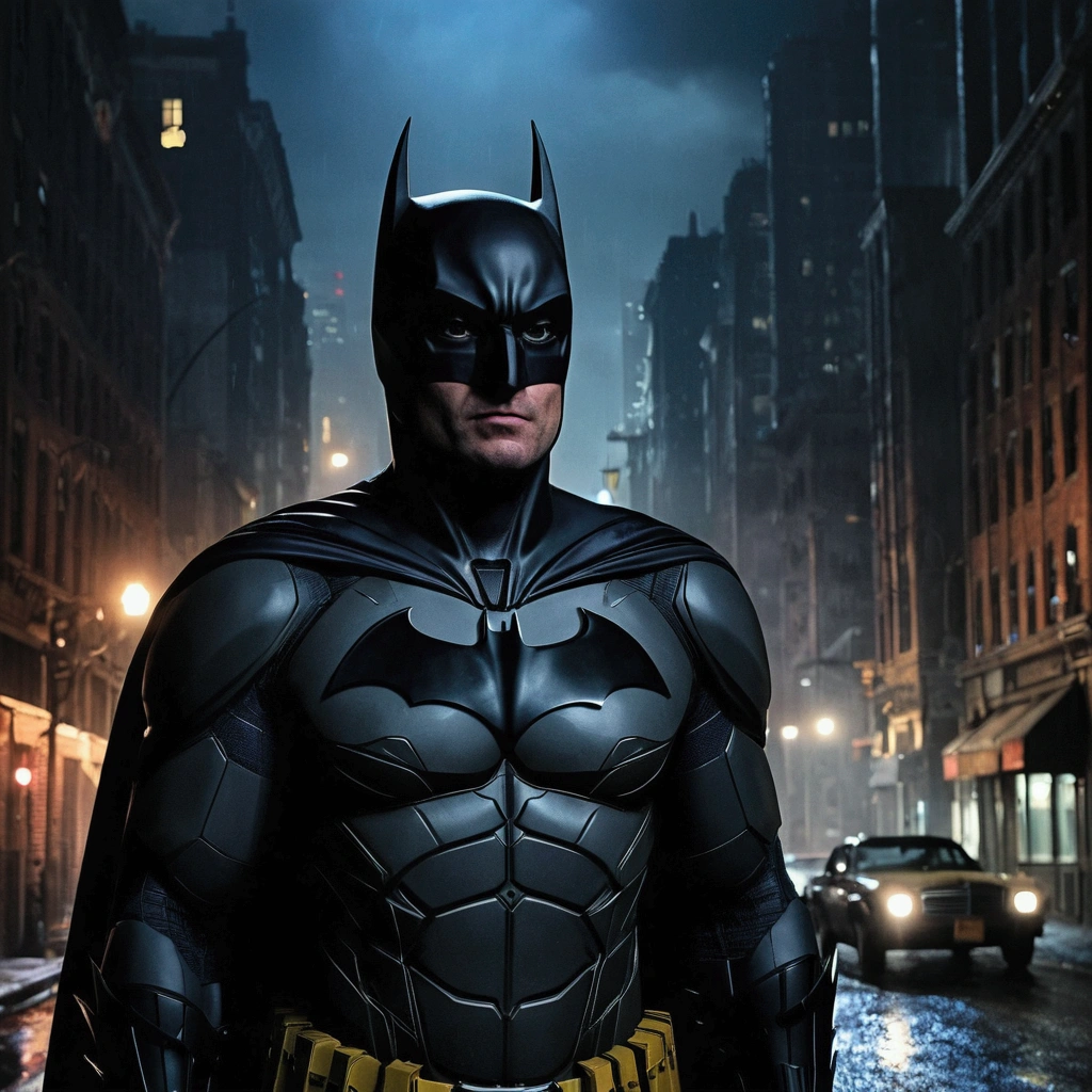 Batman, Gotham city at night, Christopher Nolan style, drama and lifesaving, in dynamic, atmosphere of darkness and horror, dramatic light, highly detailed, packed with hidden details, hyper realistic, uhd image, realism, colorful realism, UHD, 8K