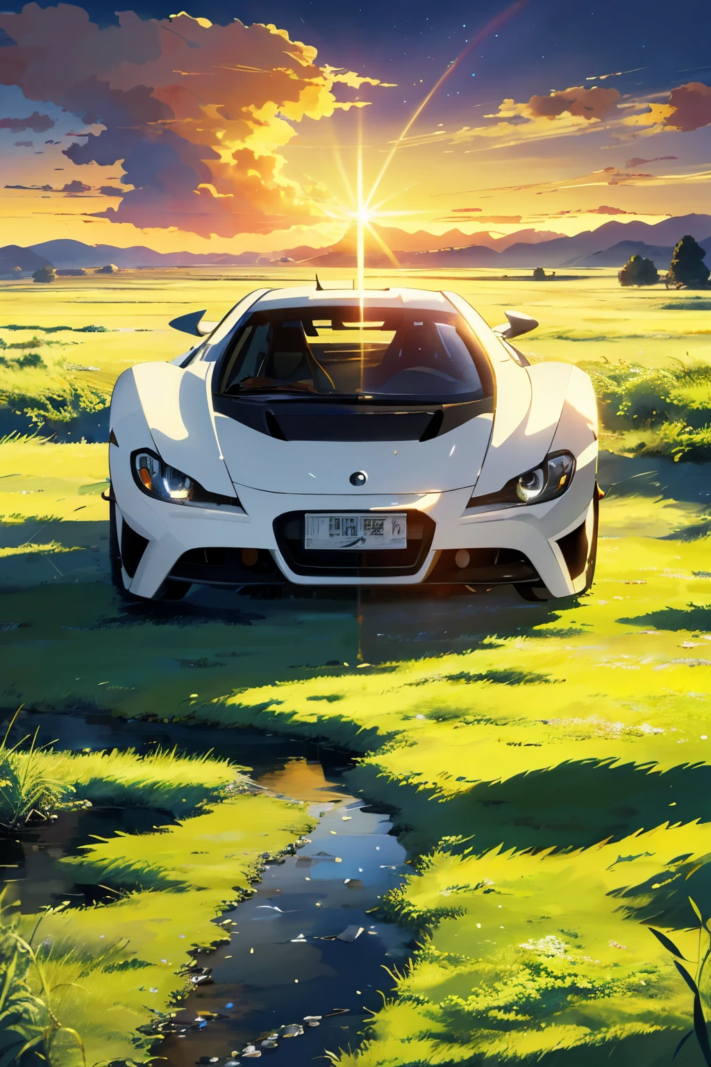 Anime Landscape: A pearl-super Polar white color hyper-wedge shape concept car elegantly sits in a sprawling field of tall, swaying grass, with the golden hues of a serene sunset painting the sky as a backdrop. This beautiful anime scene, reminiscent of a tranquil peace scene, is a masterpiece by renowned anime artists Makoto Shinkai and Cyril Rolando. Perfect for use as an amazing wallpaper or an artistic anime background in 8K resolution, it boasts an exquisite level of detail, showcasing the car's intricate design and the delicate play of light and shadow in the grass and the sunset. A true work of