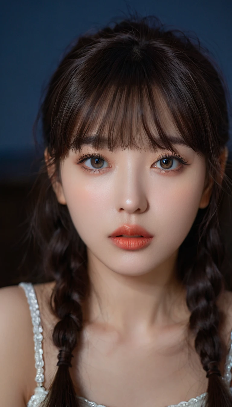 8K, best quality, 1 Girl, (Skin Indentation), night, (dark), Indoor clear background, (people), Beautiful bangs, Gorgeous,, (Clothing and:1.3),Soft lighting, attractive, dark Room, (mouth close:1.2, beautiful eyes, Delicate eyes, Detailed iris, Beautiful lips, Beautiful nose, Pretty Face),(primary color:1.5)