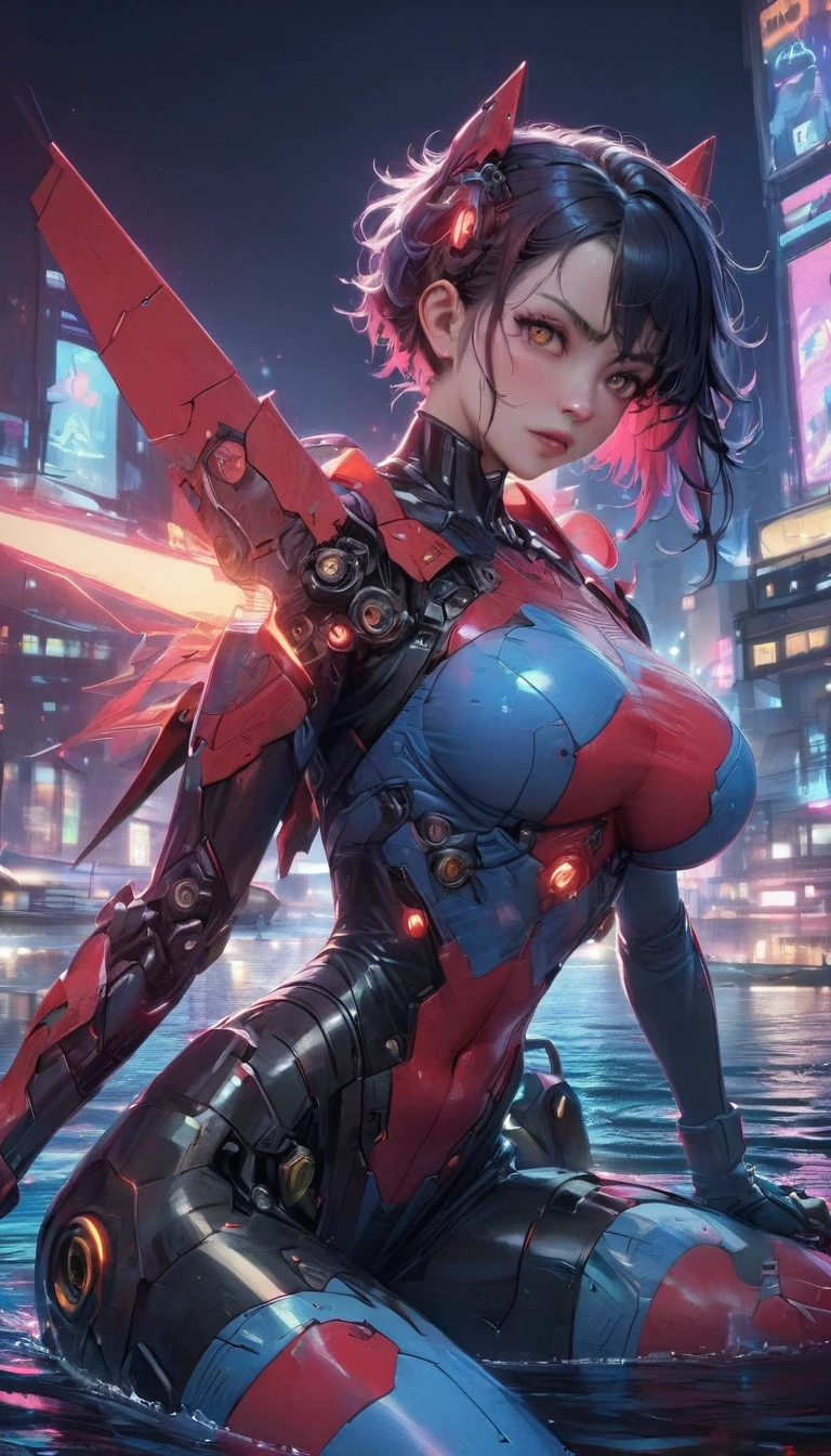 best quality,4k,8k, highres, masterpiece:1.2), extremely detailed eyes, extremely detailed body, (large masterpiece digital art), (detailed manga illustration), (detailed line art), ((perfect anatomy)), (intricate details:1.3), (ultra-detailed:1.3), (illustration:1.3), (sharp focus:1.3), (natural lighting:1.05), (vivid colors:1.3), (masterpiece), (best quality:1.4), (perfect anatomy:1.4), high quality, expressive eyes, full body, tall girl, detailed face, beautiful face, perfect face, breasts, gloves, large breasts, cyberpunk, (black armor), mystic red armor, short hair, ((pale skin)), messy hair, detailed ((dark blue hair)), (honeydew hair), multicolored hair, two-toned hair, detailed eyes, (amber eyes), hourglass physique, mecha musume, fortified suit, mechanical parts, headgear, robot joints, bodysuit, deva battle suit, gloves, thick thighs, toned, emblem, superhero, dynamic lighting, 4k resolution, dynamic pose, weapon, energy weapon portrait, Jeff Bridges, ((cartoon style)), Marvel Cinematic Universe style, (((sci-fi city on the water in the background))), soft bokeh of futuristic city, Atey Ghailan, Jeremy Mann, Greg Manchess, Antonio Moro, trend in ArtStation, trend in CGSociety, Intricate, High Detail, Sharp focus, dramatic and photorealistic painting art by Midjourney and Greg Rutkowski, bokeh in the background