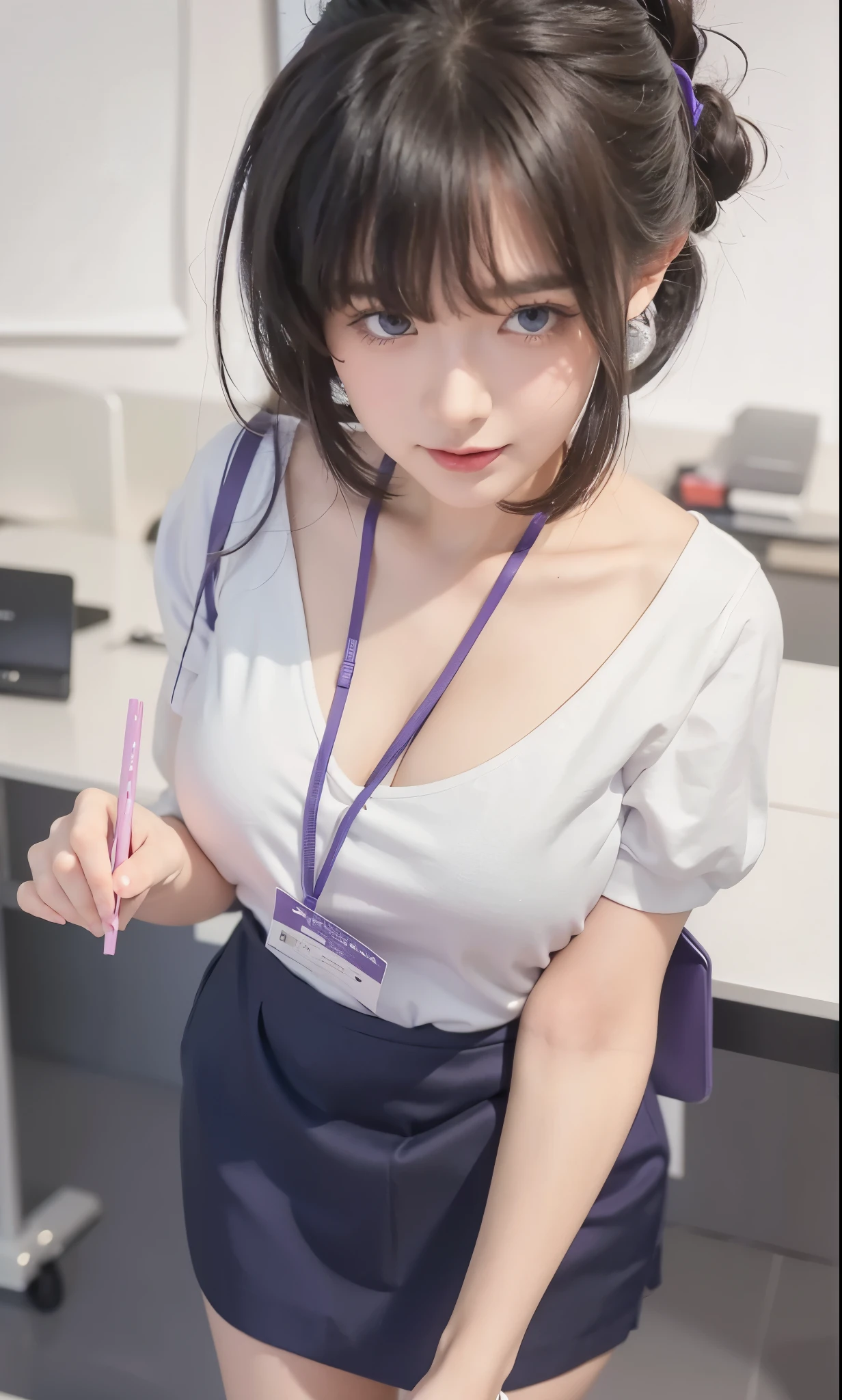 high quality, ultra detailed, masterpiece, realistic, 1girl, black hair, hair bun, blue eyes, white clothes, purple mini skirt, open mouth, looking at viewer, standing, (hand holding stationery)