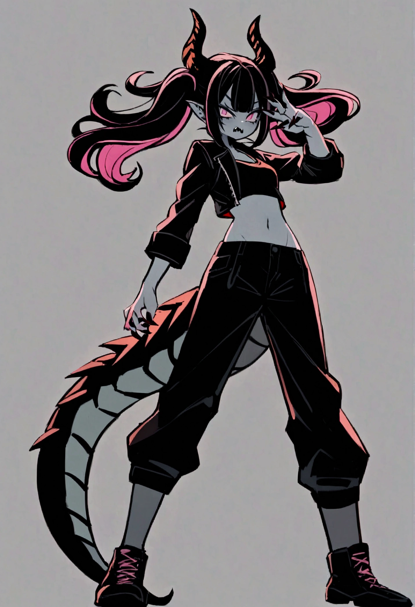 single female with grey skin, with black hair long twin tails style, with pink streaks, sharp teeth, black biker jacket, black crop top and black pants, dragon tail and dragon horns, full body, sharp nails
