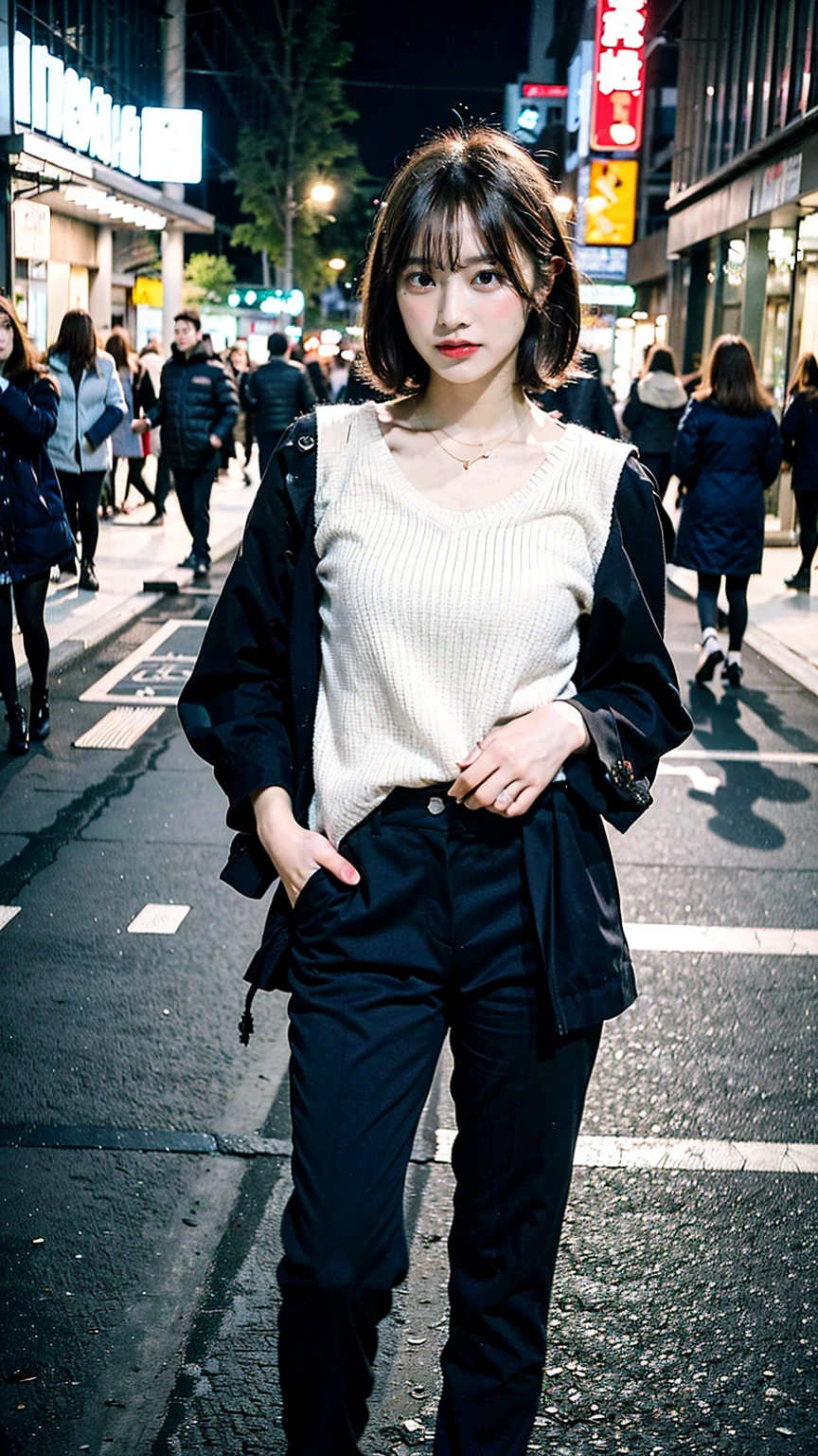 a beautiful japanese woman with very short bob haircut, full body shot, wearing fashionable clothes, necklace, simple background, (best quality,8k,32k,masterpiece:1.2),cinematic aesthetic:1.4,beautiful fashion model photo in bokeh city night,full body shot,Standing figure with feet projected、In stylish winter clothes、Blur the background