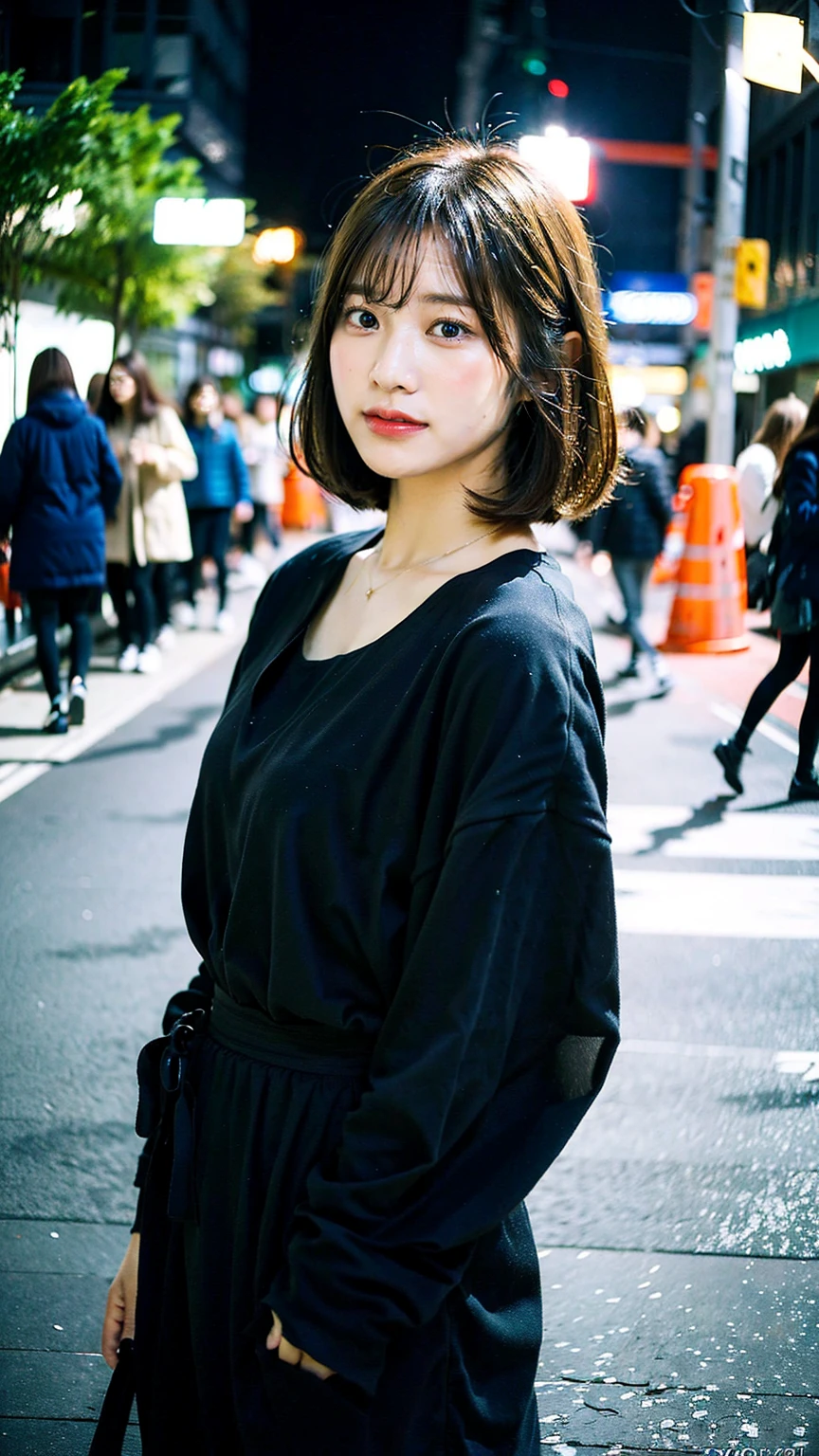 a beautiful japanese woman with very short bob haircut, full body shot, wearing fashionable clothes, necklace, simple background, (best quality,8k,32k,masterpiece:1.2),cinematic aesthetic:1.4,beautiful fashion model photo in bokeh city night,full body shot,Standing figure with feet projected、In stylish winter clothes、Blur the background