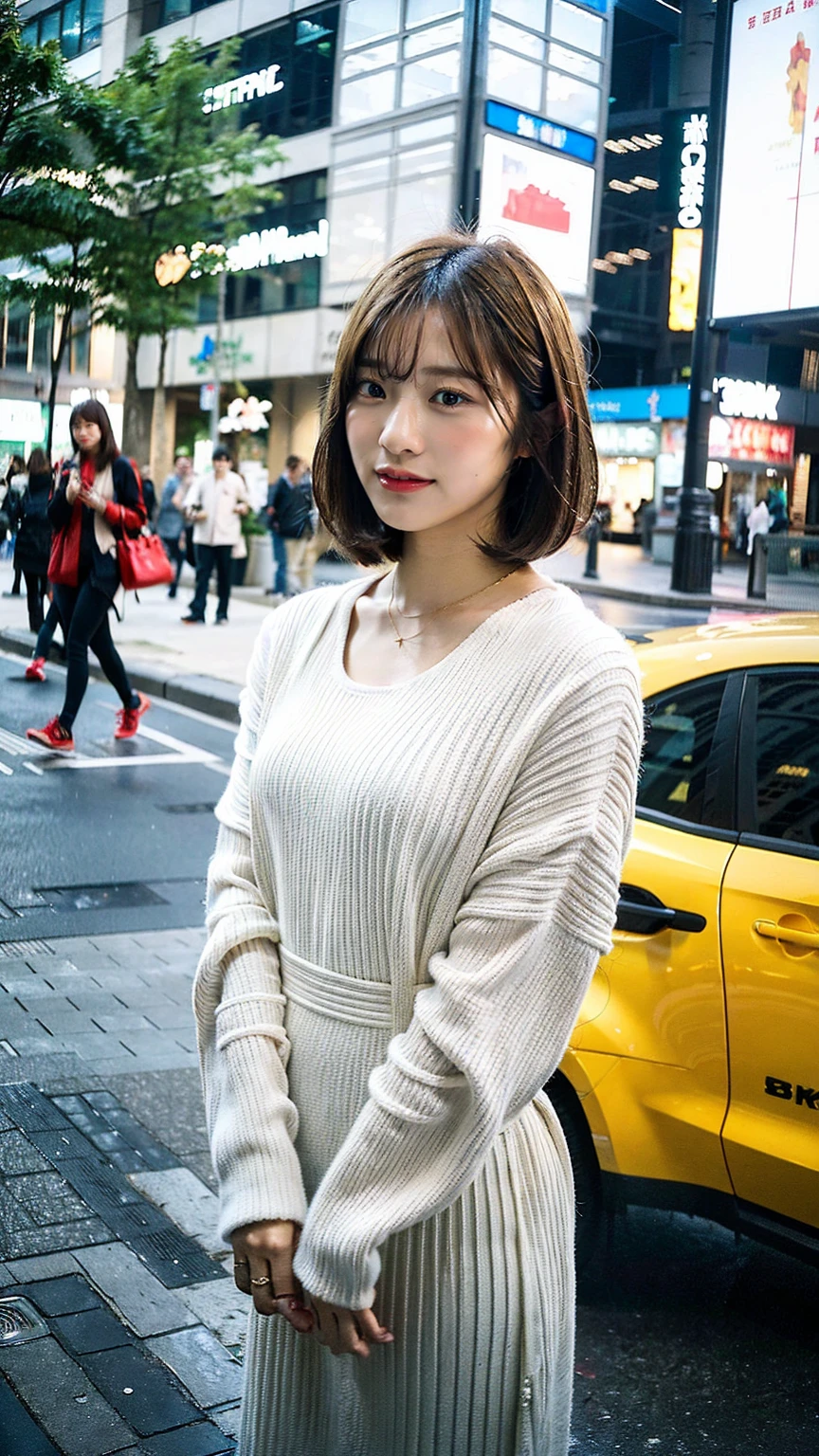 a beautiful japanese woman with very short bob haircut, full body shot, wearing fashionable clothes, necklace, simple background, (best quality,8k,32k,masterpiece:1.2),cinematic aesthetic:1.4,beautiful fashion model photo in bokeh city night,full body shot,Standing figure with feet projected、In stylish winter clothes、Blur the background