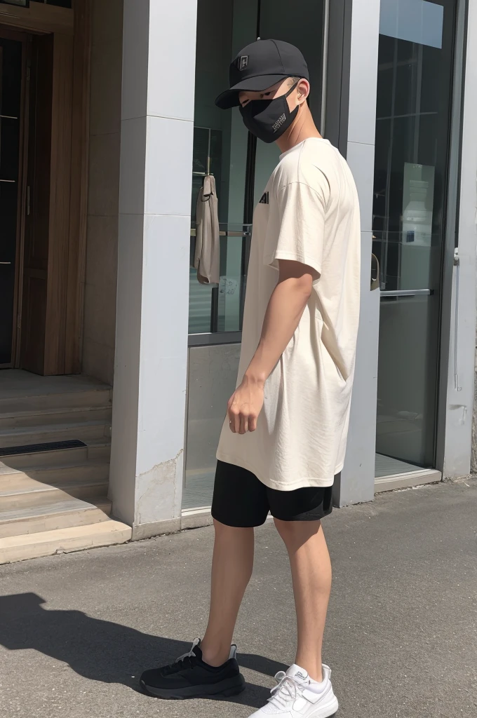 Beige hat, black T-shirt, black shorts, white shoes, male, height 175 cm, white mask