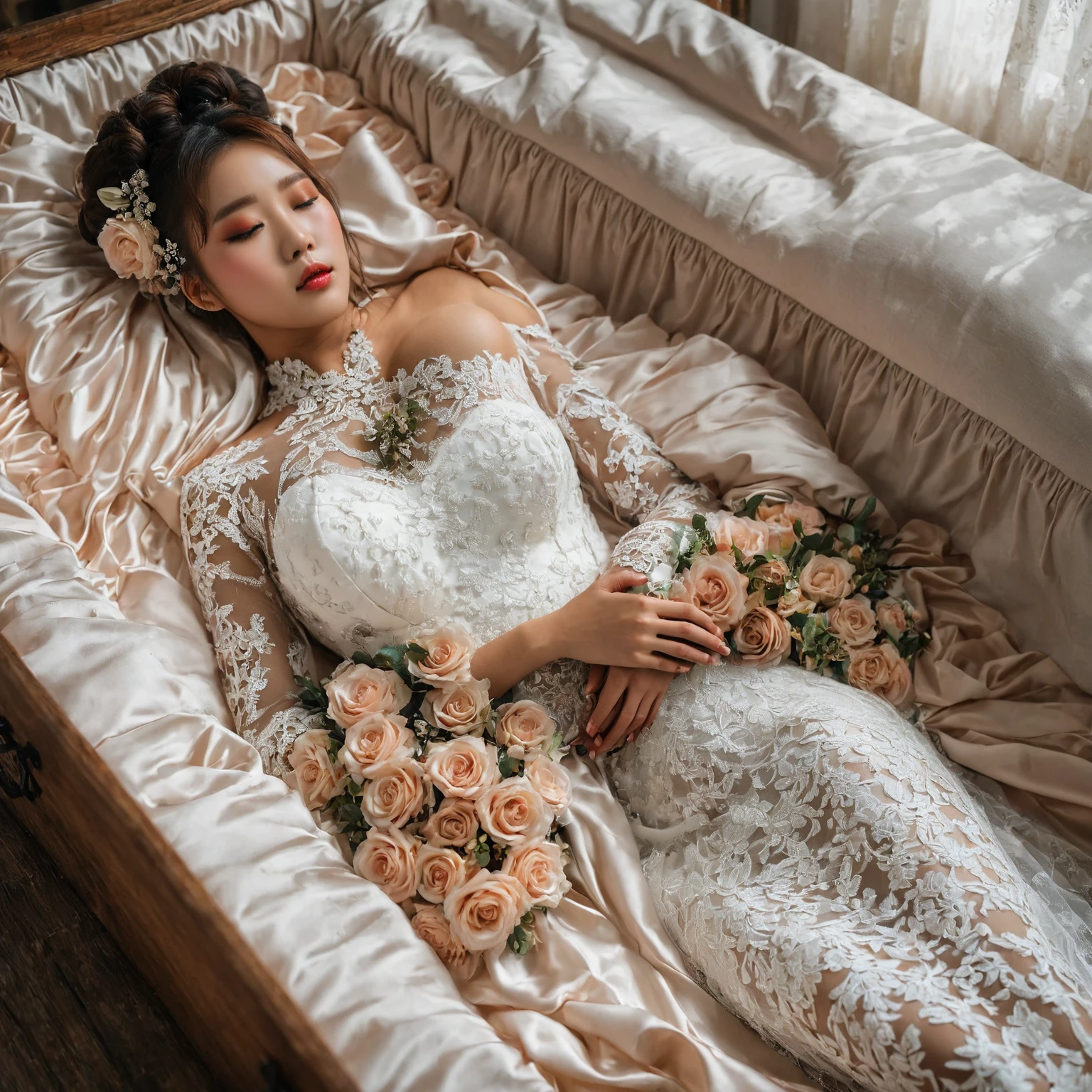 A provocative and sensual image unfolds before us. Two Korean girls, 22 years old, lie asleep in a deep, black coffin surrounded by plush pillows. They wear see-through wedding dresses with lace details, off-shoulder designs, sleeve, and huge skirts that cascade around their bodies. The dresses are cut low to showcase their beautiful breasts, fixed with a subtle cleavage cutout. Their faces are flawless, with perfect eyebrows, eyelashes, and skin tone. One girl's hair is styled in a ponytail with bangs framing her face, while the other has a bun adorned with wisps of hair framing her closed eyes. The overall atmosphere is one of intimacy and sensuality, with saturated colors enhancing the mood. Note the visible breasts and perfectly manicured hands that peek out from beneath the skirts, which are strategically covered to conceal their legs, ba11g0wn