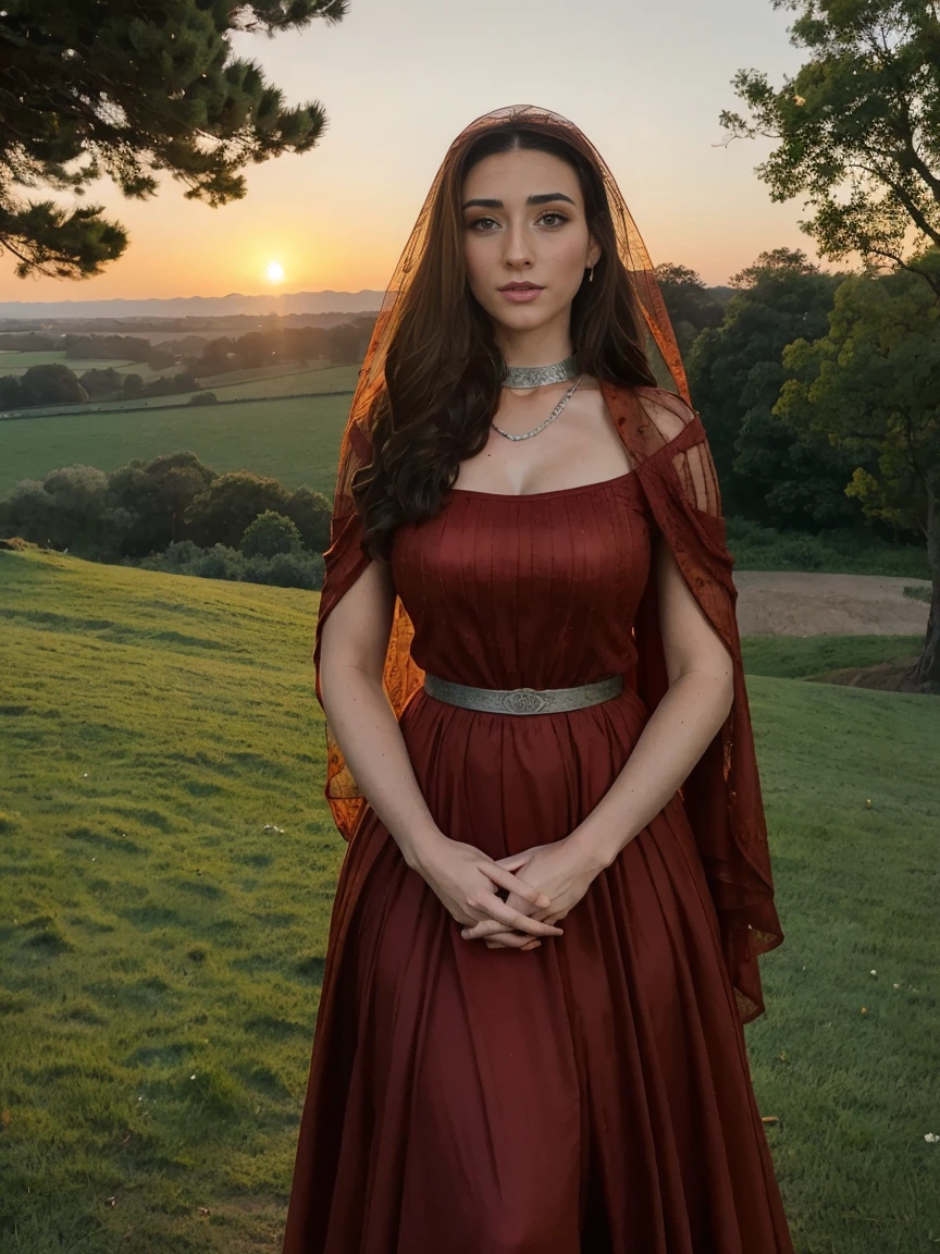Gorgeous and sultry busty athletic (thin) brunette queen with sharp facial features wearing a modest updo, dark red medieval dress, long sleeves, intricate patterns, scrollwork, wide neck, crown, veil, long dress, modest dress, tight bodice, silver belt, (waist chain), medieval jewelry, Middle Ages, castle, rampart, wall, exterior, on top of a castle wall, trees, countryside, evening, sunset.