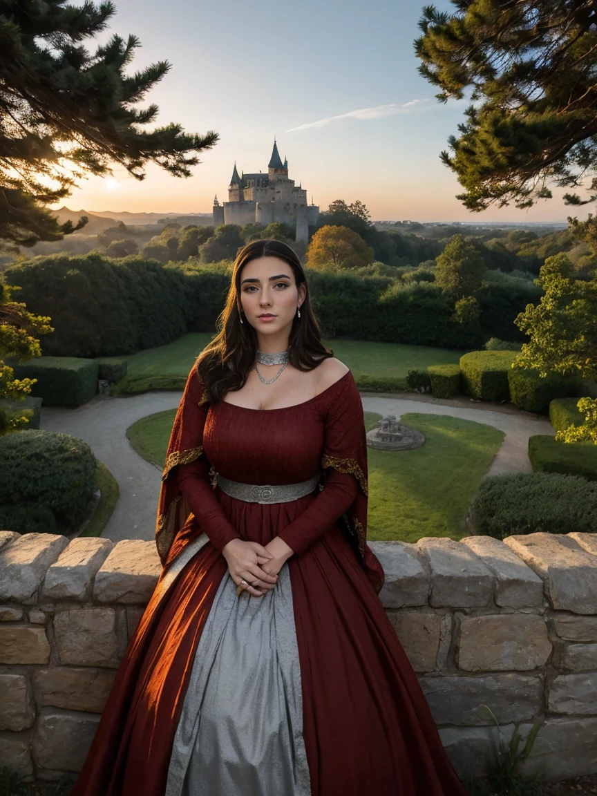Gorgeous and sultry busty athletic (thin) brunette queen with sharp facial features wearing a modest updo, dark red medieval dress, long sleeves, intricate patterns, scrollwork, wide neck, crown, veil, long dress, modest dress, tight bodice, silver belt, (waist chain), medieval jewelry, Middle Ages, castle, rampart, wall, exterior, on top of a castle wall, trees, countryside, evening, sunset.