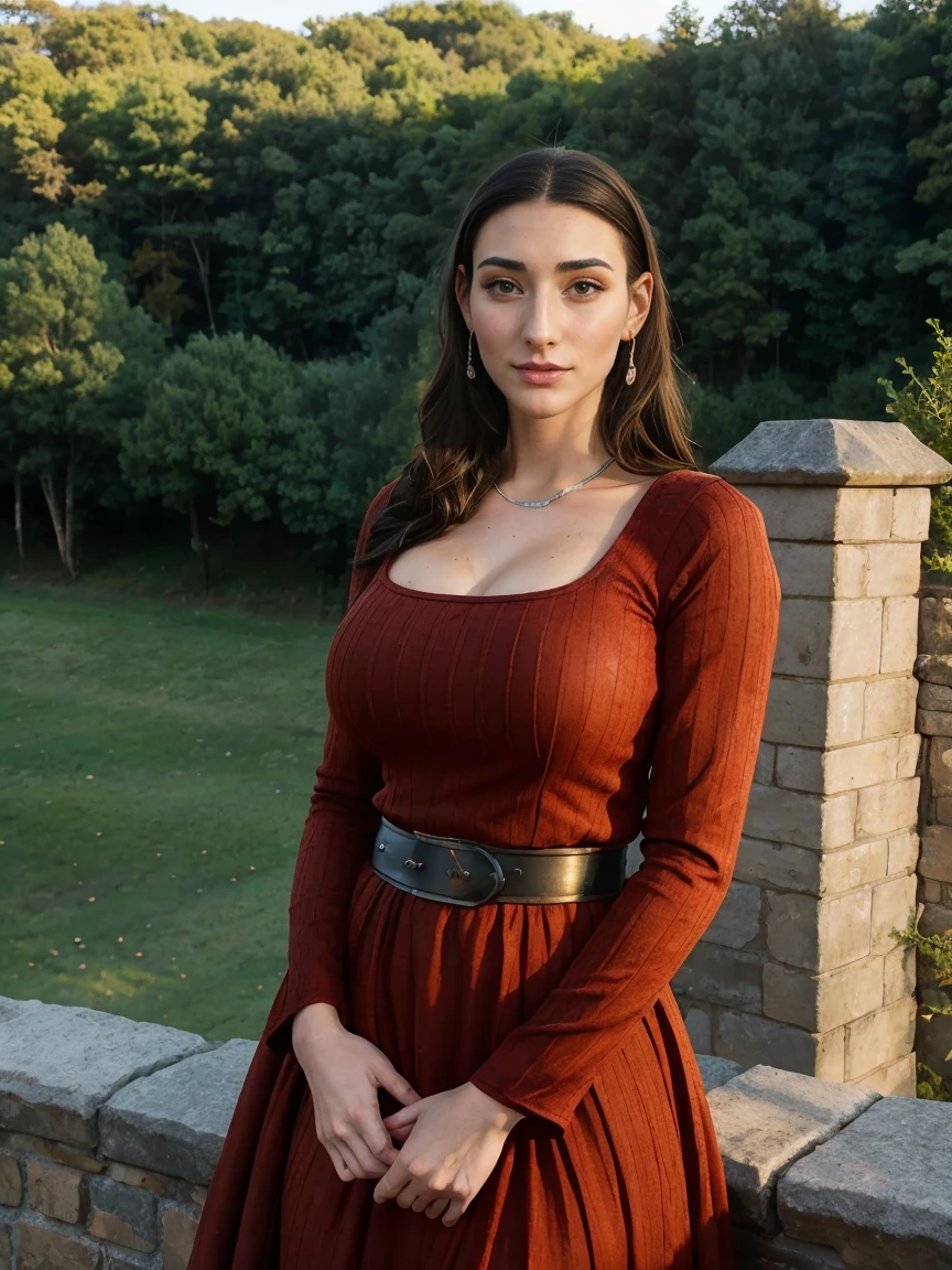 Gorgeous and sultry busty athletic (thin) brunette queen with sharp facial features wearing a modest updo, dark red medieval dress, long sleeves, intricate patterns, scrollwork, wide neck, crown, veil, long dress, modest dress, tight bodice, silver belt, (waist chain), medieval jewelry, Middle Ages, castle, rampart, wall, exterior, on top of a castle wall, trees, countryside, evening, sunset.