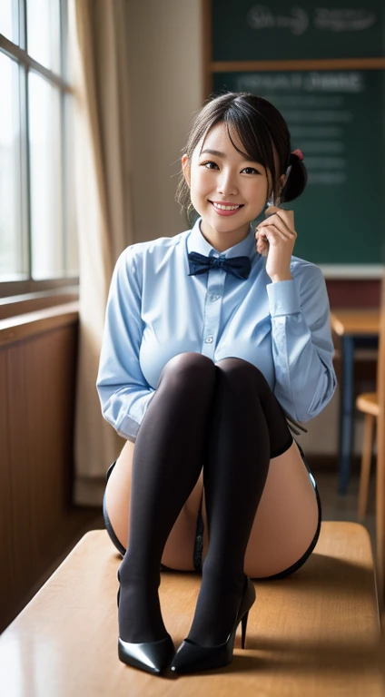 (((shirt:1.35)))、(((Black knee-highs:1.35)))、(((Sexy panties:1.35)))、(((High heels:1.35)))、（8k、RAWphotograph、Highest quality、masterpiece：1.2),(Spread your legs wide,Legs wide open),(Braided twin tails:1.3),Gazing at the audience,Front view,,White skin,(White panties),Absurd,masterpiece,Highest quality、Ultra-high resolution,,only,Beautiful poop,One person, One personで,whole body,ＪＫ ,high school girl,Japanese women、（Realistic：1.37）、Photon Mapping,Realistic、(Cute Face: 1.4)、lay、Attractive face、(Red bow tie)、Radio City、物理ベースonlyダリング、prospect、Written boundary depth、Blurred Background、photograph,Beautiful legs, Soft nose,(Light blue shirt), (navy, Blue and white checked pleated skirt), I can see your knees,Wash your thighs,Nogizaka Idol, , Japanese Ido、Big ample breasts、(Cute Smile: 1.5)，whole bodyphotograph、Roll up the skirt yourself、Super Definition、School classroom、Sit on the desk and spread your legs、White knee-high socks